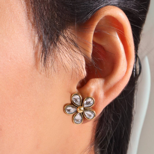 Model wearing Brass Fashion Earrings for a stylish and contemporary fashion jewellery look