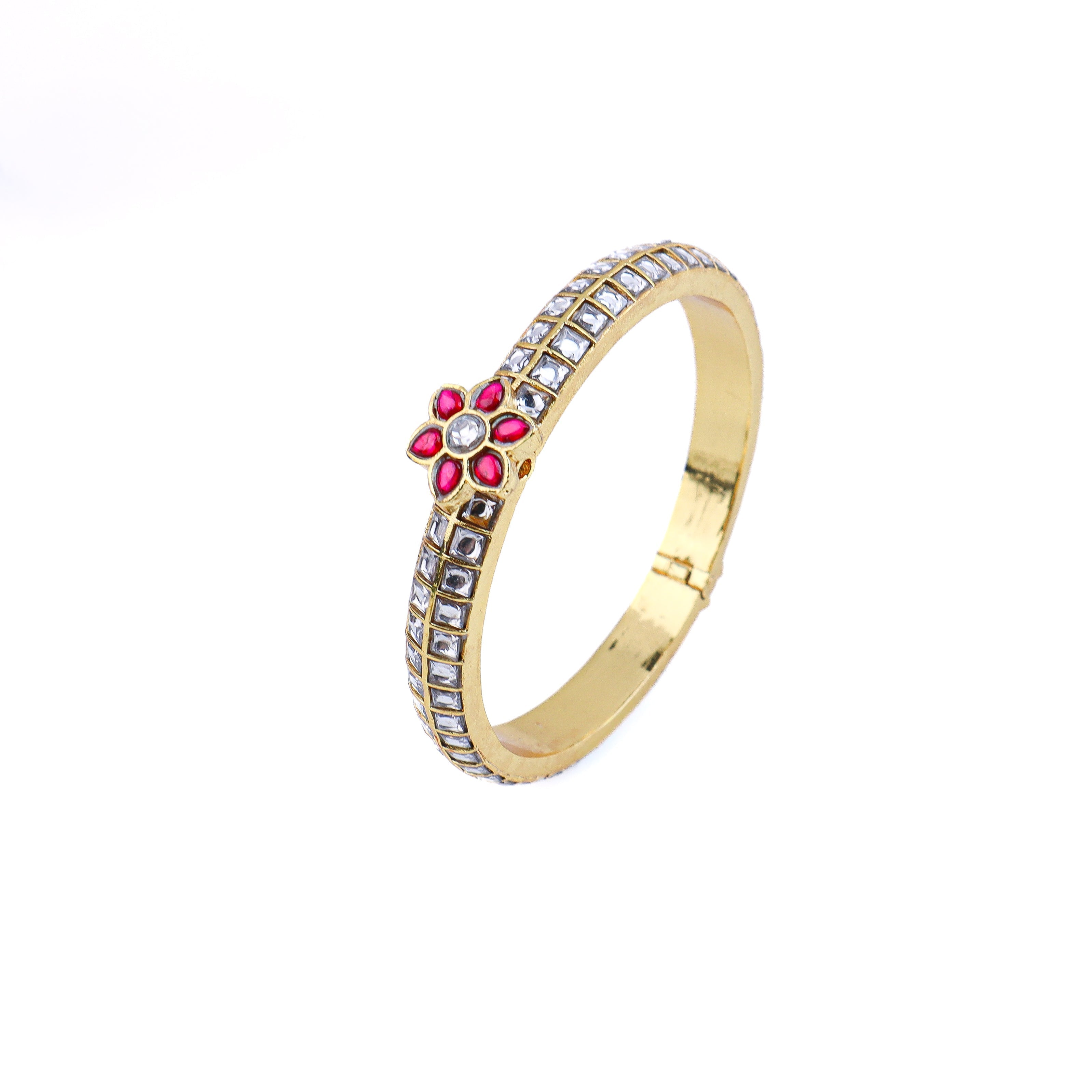 Angled view of 22K gold-plated fashion bangle (single) highlighting its elegant structure and polished gold finish