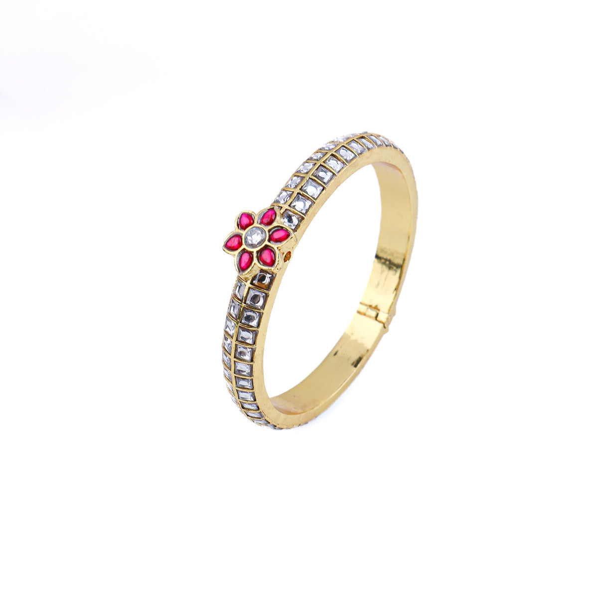 Angled view of 22K gold-plated fashion bangle (single) highlighting its elegant structure and polished gold finish