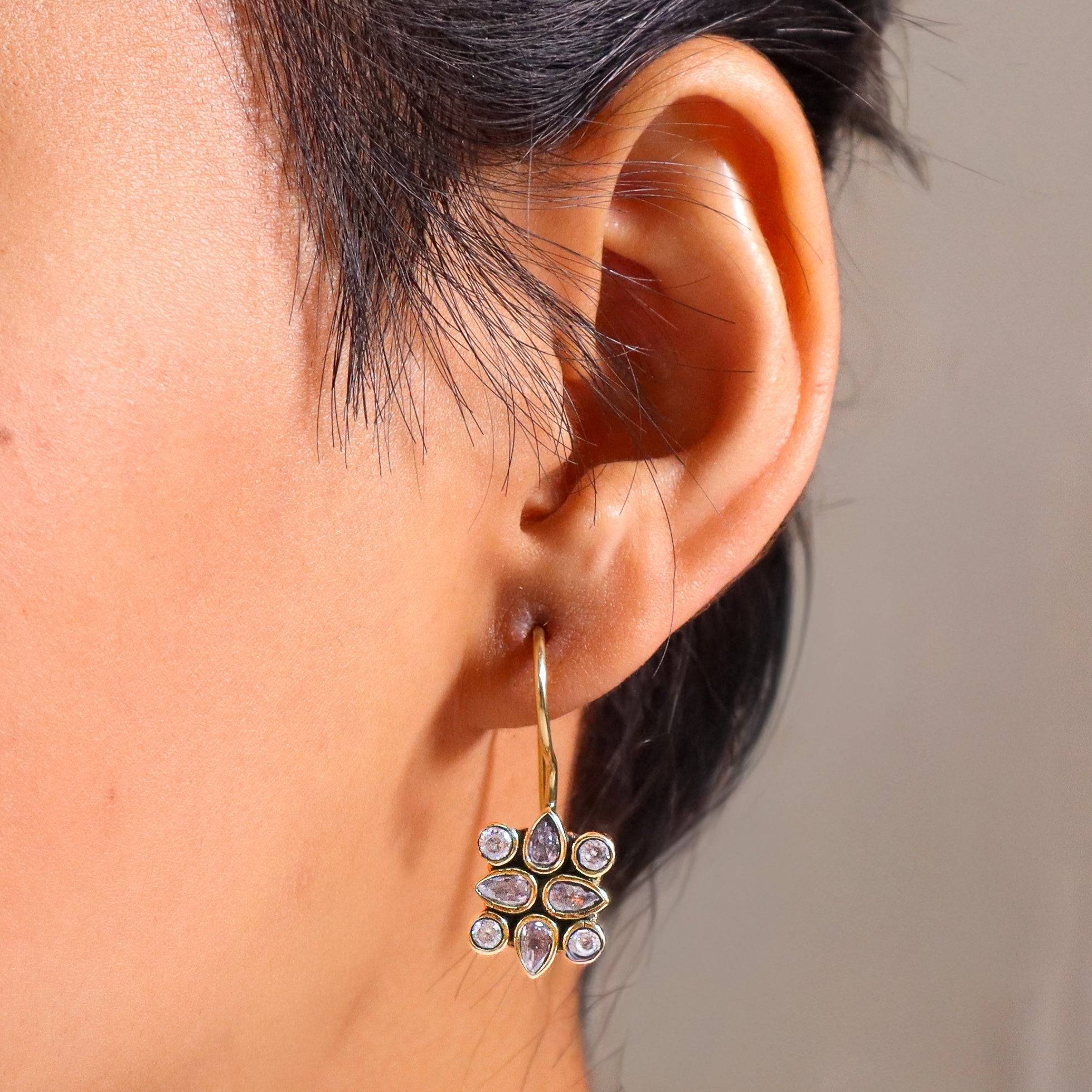 Model wearing Brass Fashion Earrings for a stylish and contemporary fashion jewellery look
