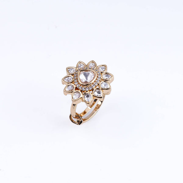 Angled view of 22K gold-plated fashion earring highlighting its elegant silhouette, unique structure, and polished gold finish