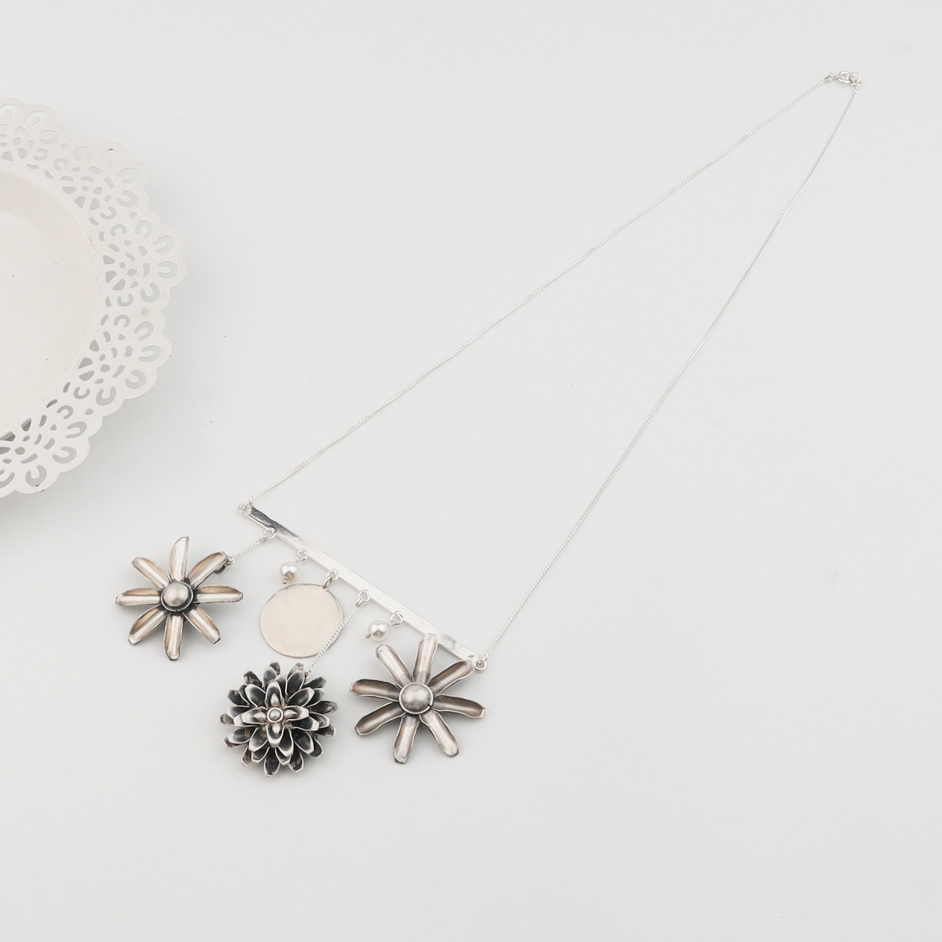 Silver Snowflake Filigree earring with pearl latkan