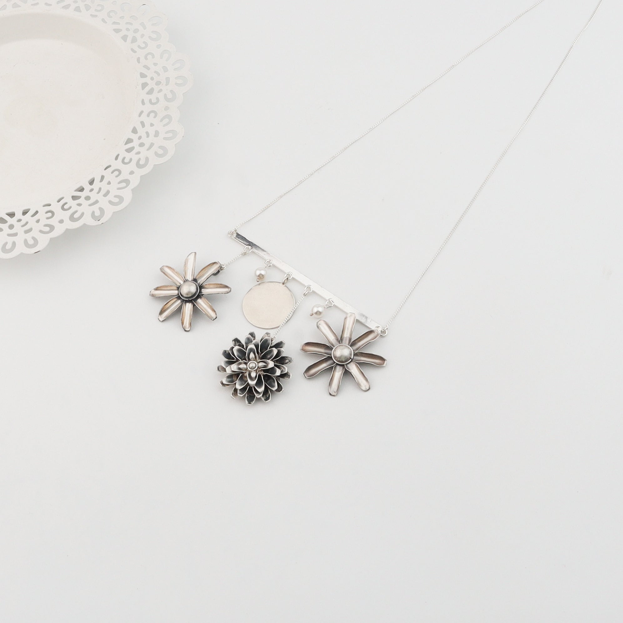 Silver Snowflake Filigree earring with pearl latkan