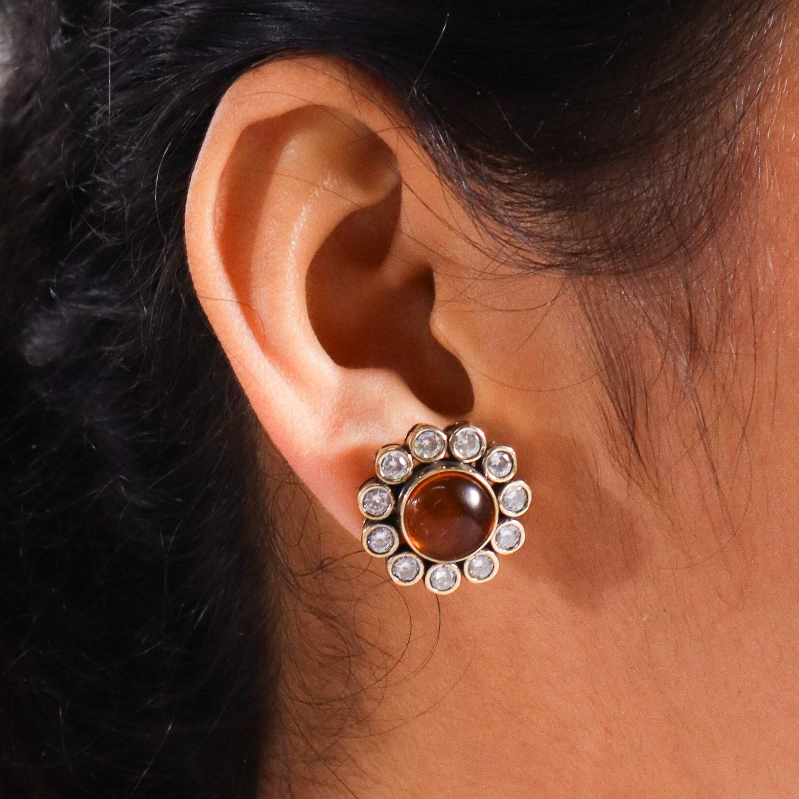 Model wearing Brass Fashion Earrings for a stylish and contemporary fashion jewellery look