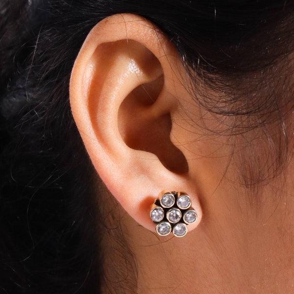 Model wearing Brass Fashion Earrings for a stylish and contemporary fashion jewellery look