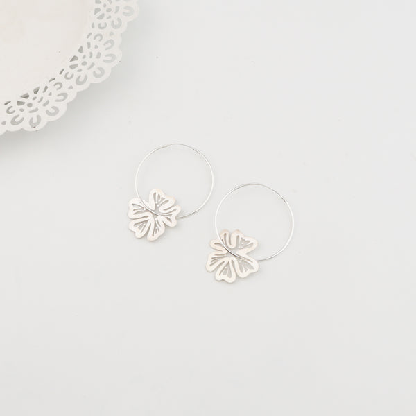 Silver Gulmohaar Hoops with floral design, jewelry accessory, 92.5 silver earrings