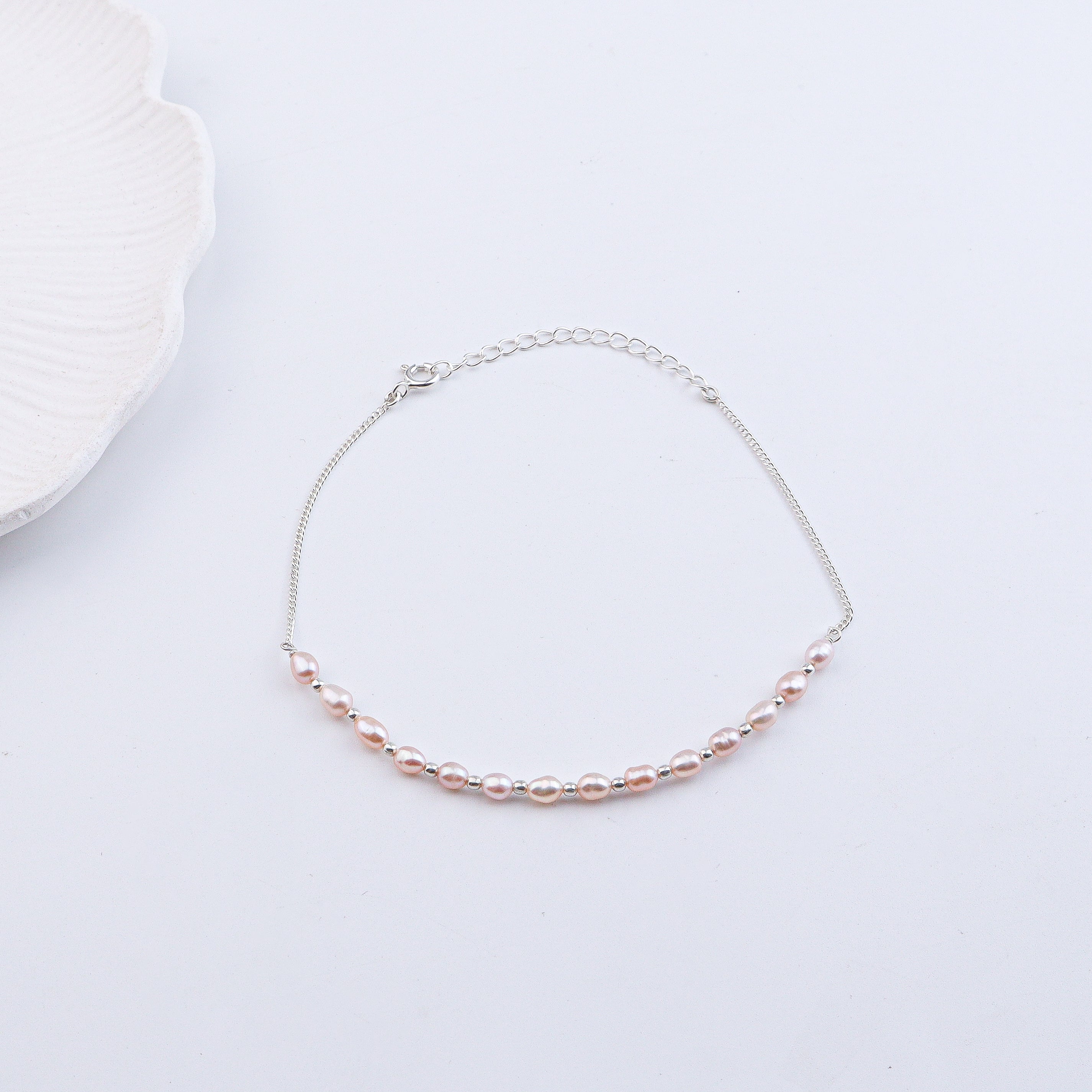 Rice Pearl & Silver Bead Anklet (Project Handmade)