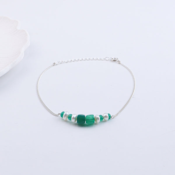 Green Onyx & Pearl Silver Anklet (Project Handmade)