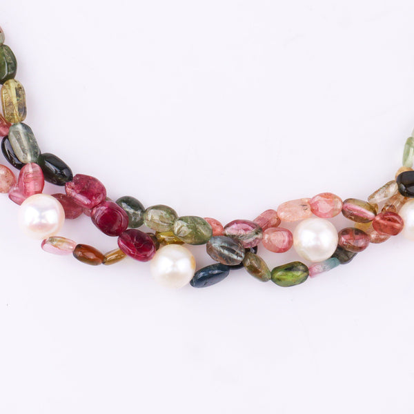 Beaded necklace with pink, black, and green tourmalines and pearls
