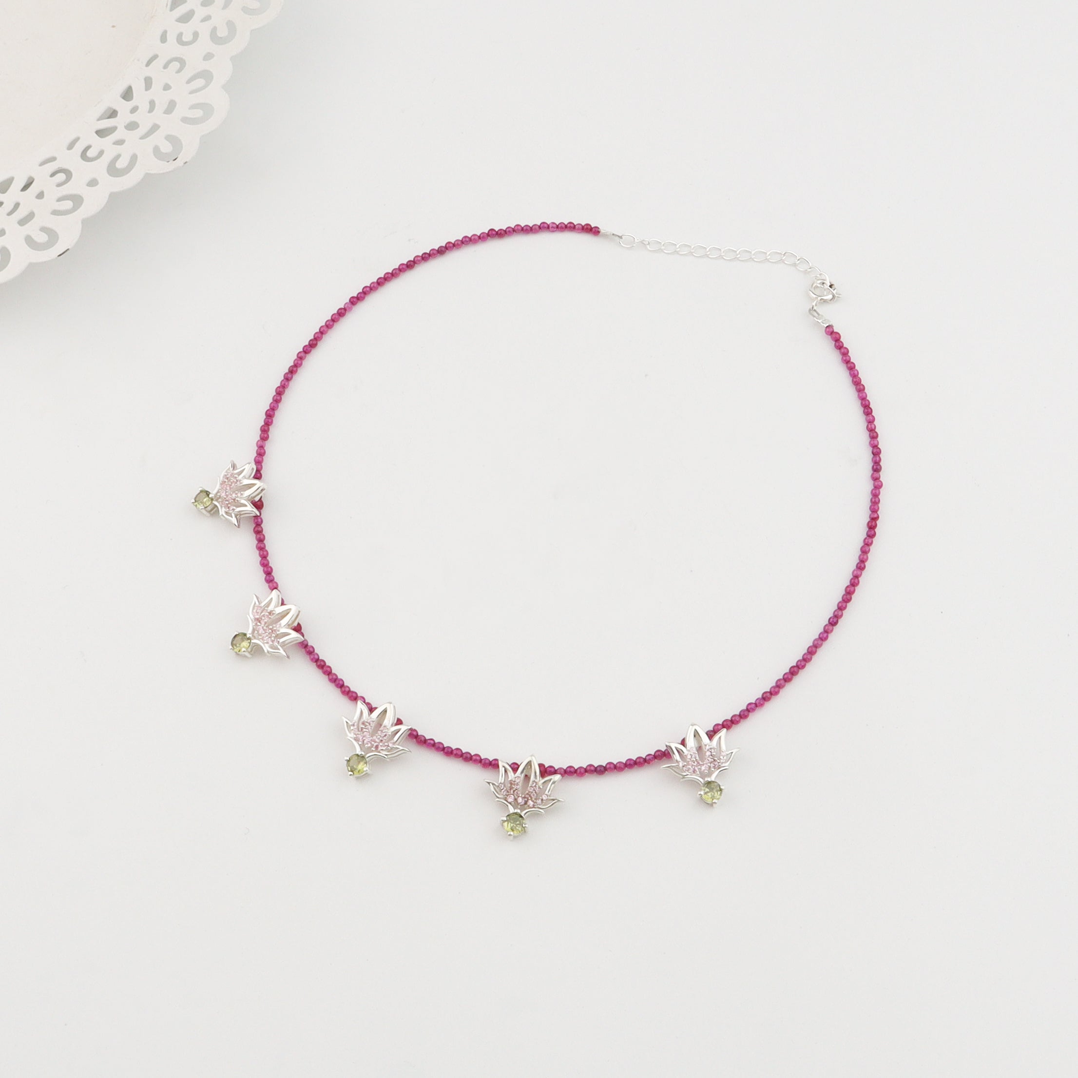 Silver Lotus CZ pendant necklace with ruby | 92.5 Silver | 22K Gold Plated