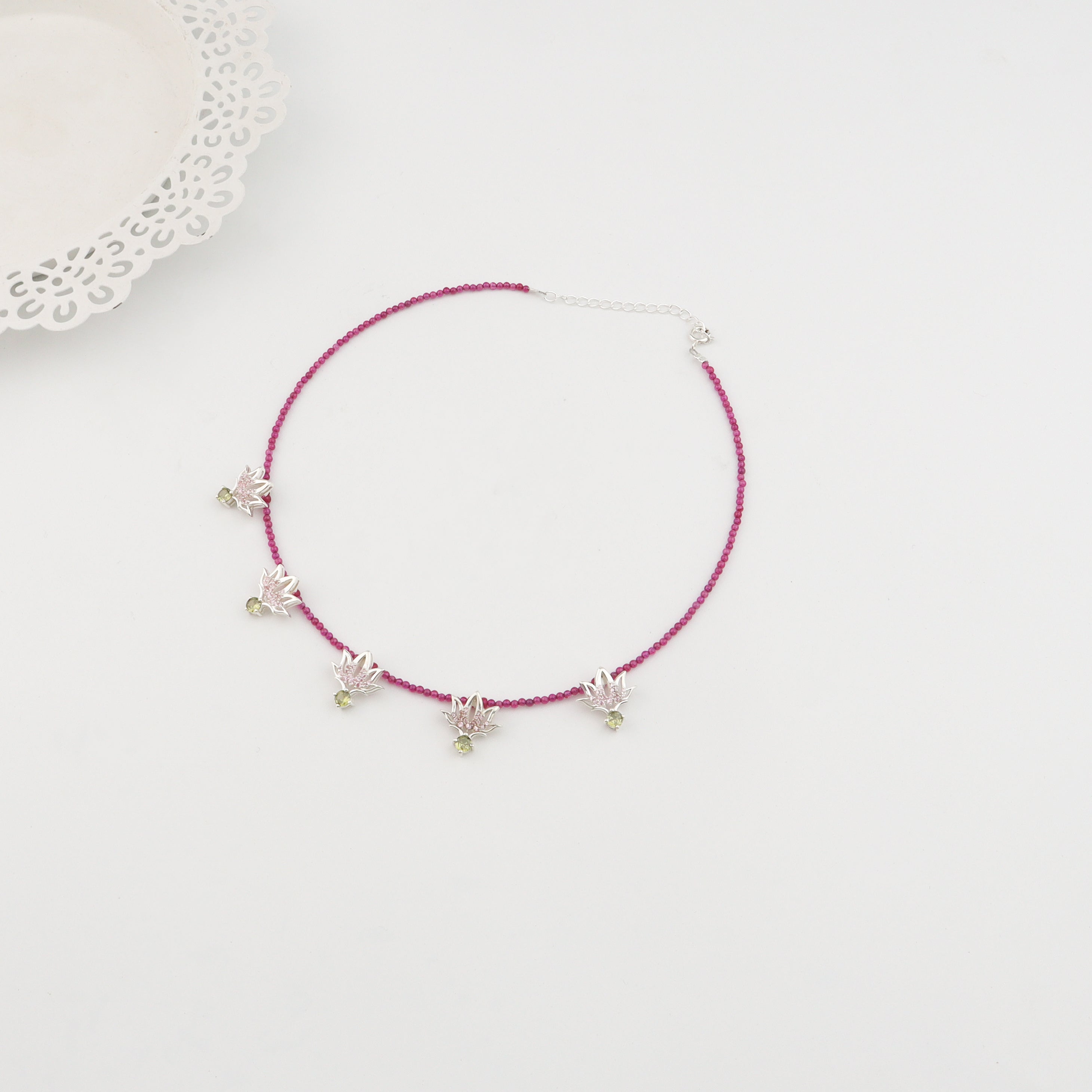 Silver Lotus CZ pendant necklace with ruby | 92.5 Silver | 22K Gold Plated