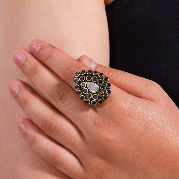Model wearing a brass fashion ring for a stylish and contemporary fashion jewellery look