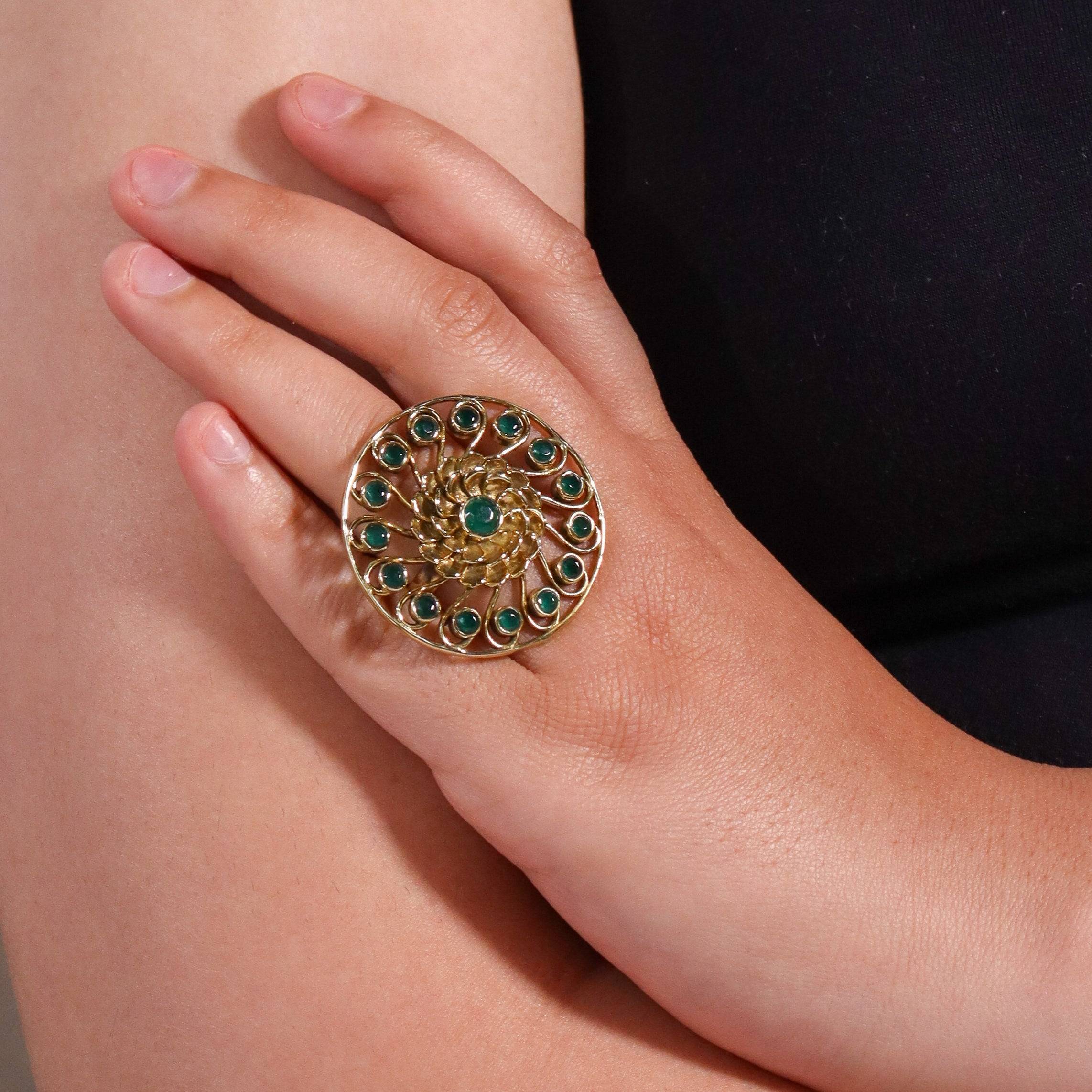 Model wearing a brass fashion ring for a stylish and contemporary fashion jewellery look