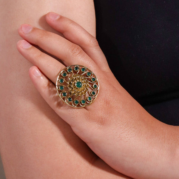 Model wearing a brass fashion ring for a stylish and contemporary fashion jewellery look