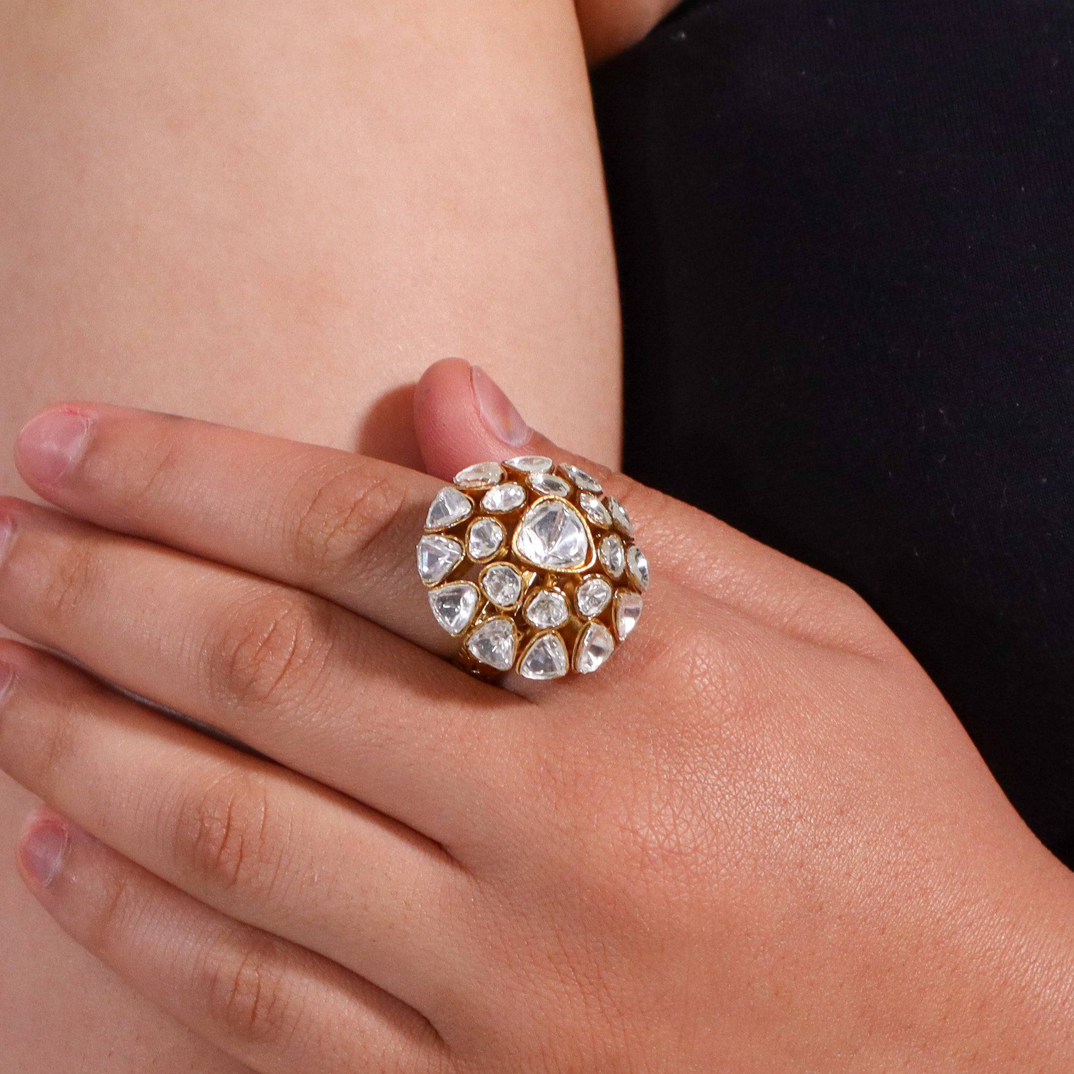 Model wearing a brass fashion ring for a stylish and contemporary fashion jewellery look