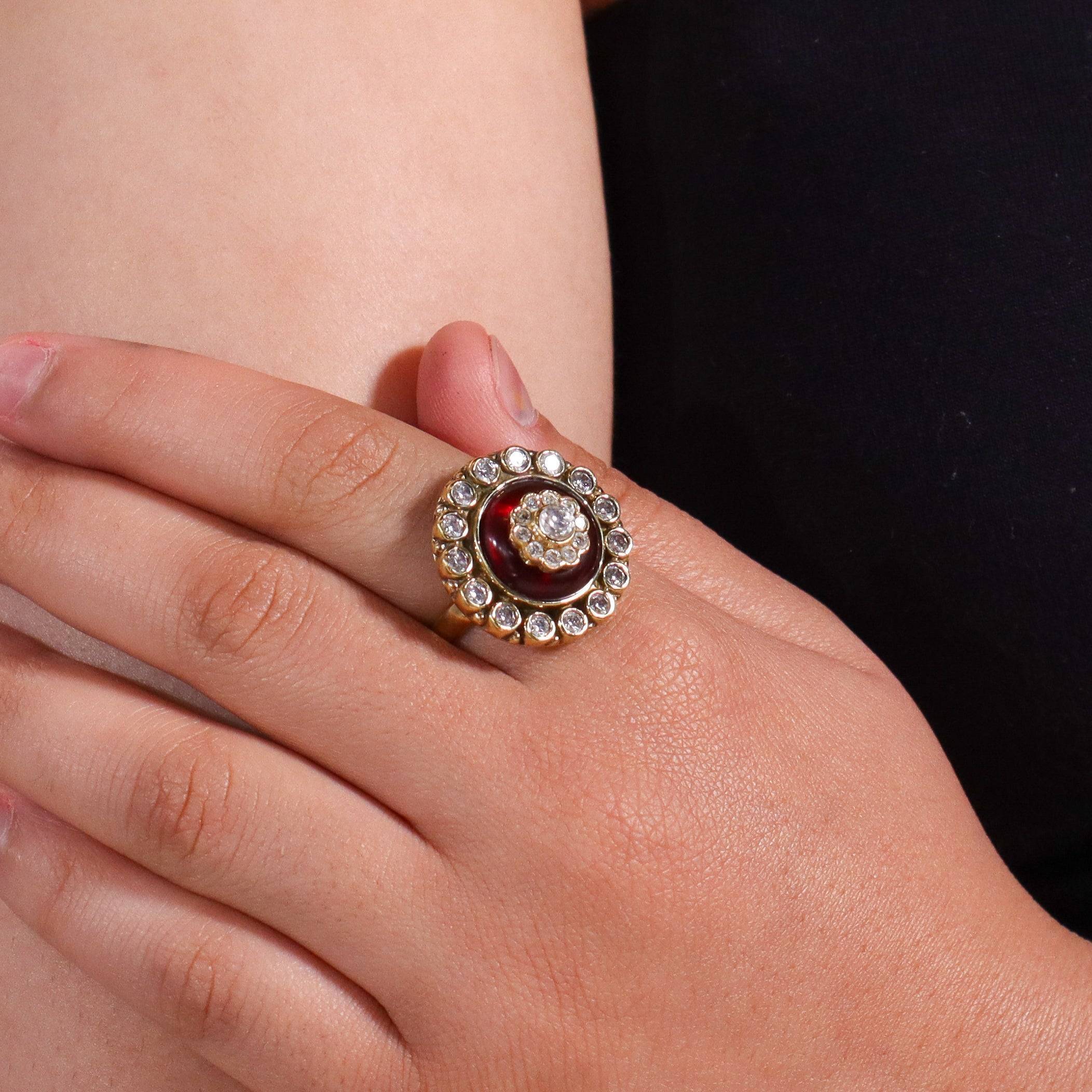 Model wearing a brass fashion ring for a stylish and contemporary fashion jewellery look
