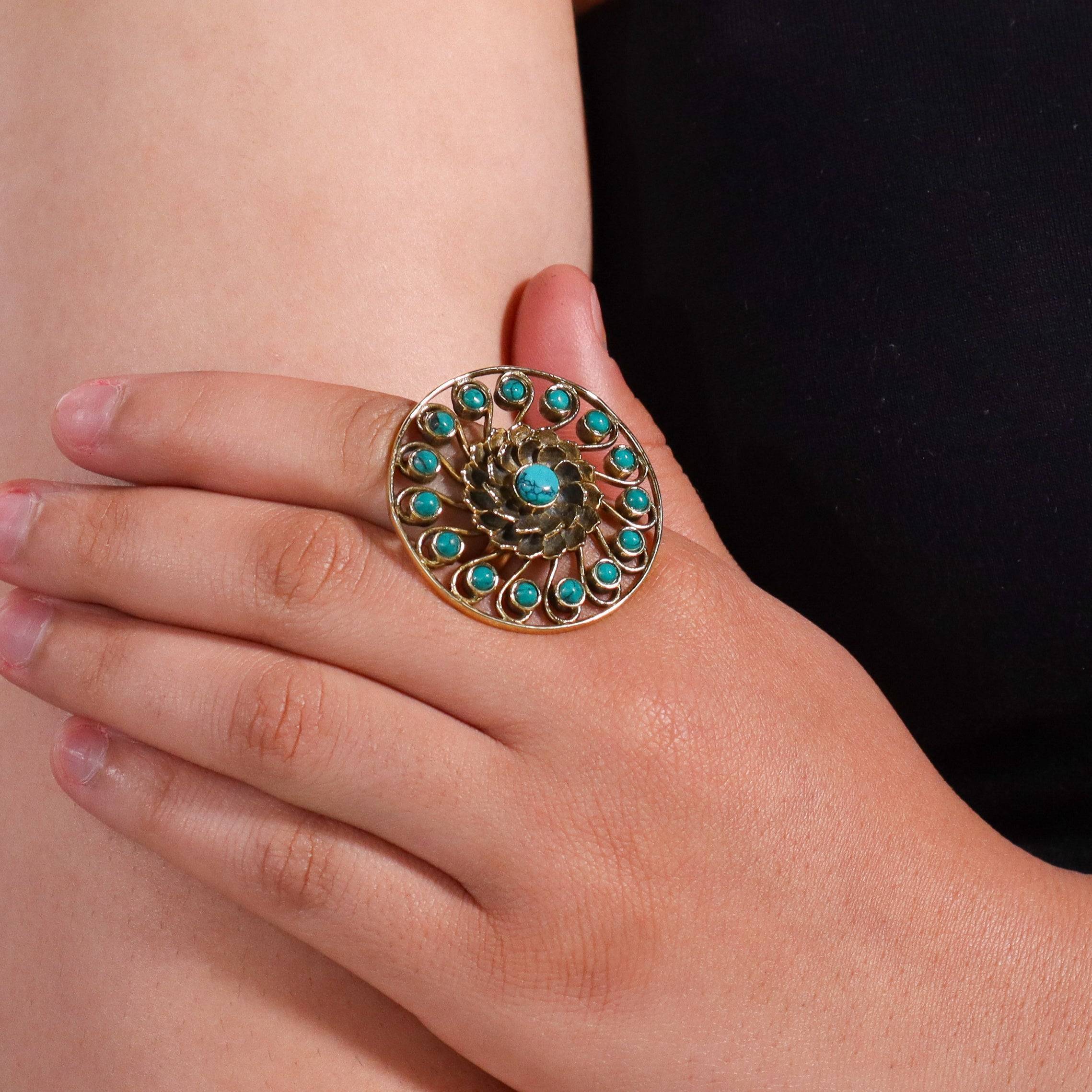 Model wearing a brass fashion ring for a stylish and contemporary fashion jewellery look