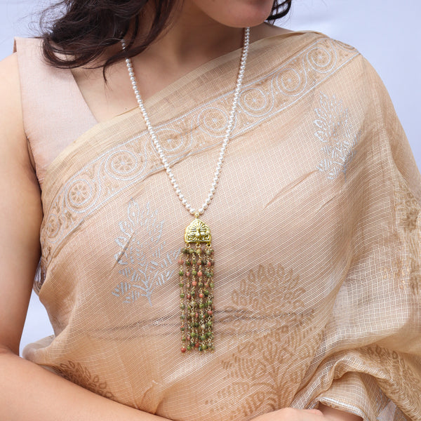Close-up of Luxe Necklace with Swarovski pearls and unakite stones