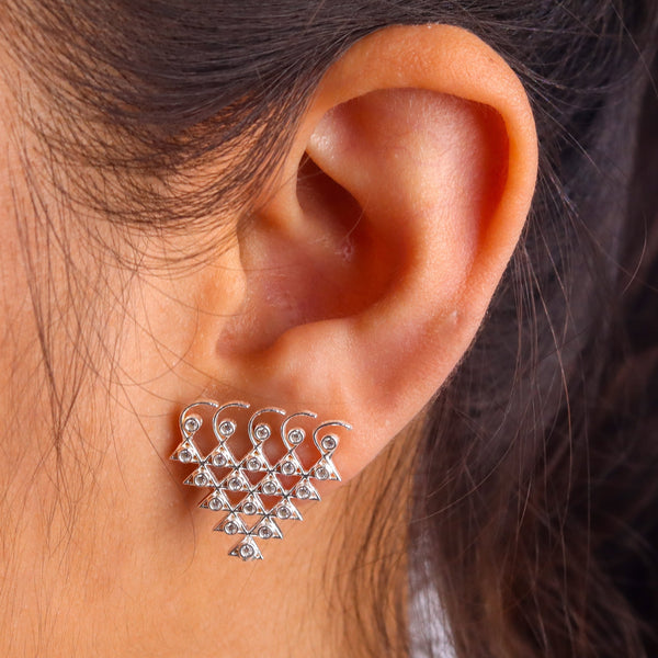 Close-up of Silver CZ Saraswati Earrings with sparkling CZ stones