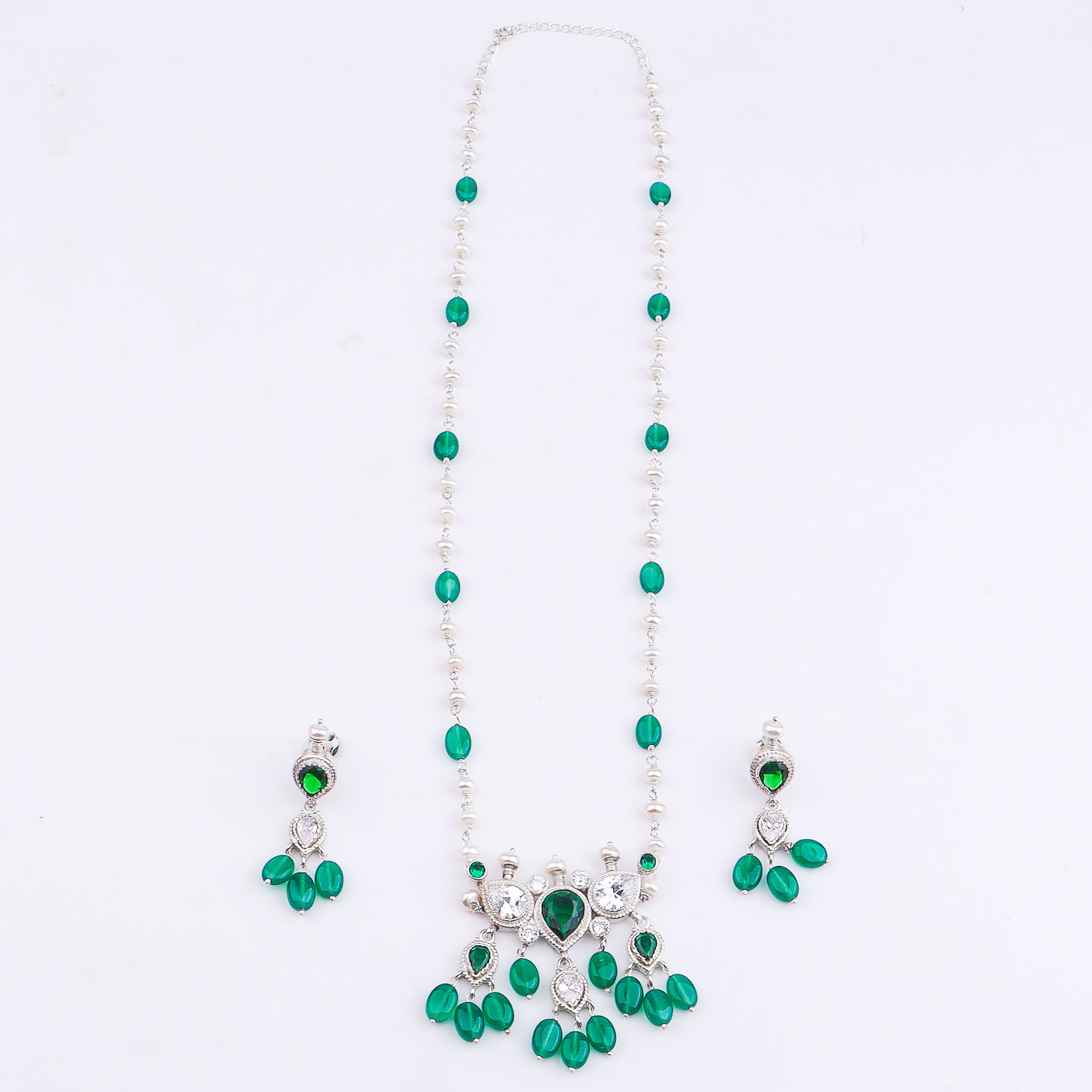 Silver CZ Tanmani Set with Pearls & Green Onyx