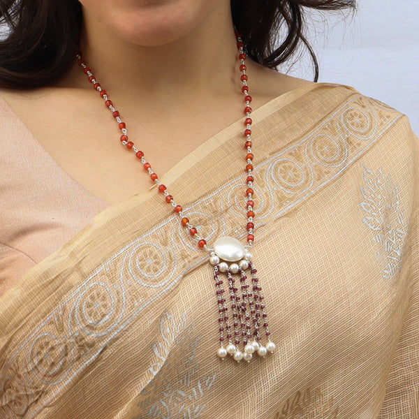 Close-up of Luxe Necklace with carnelian, rhodonite and pearls
