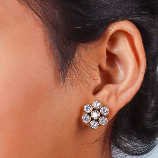 Model wearing Brass Fashion Earrings for a stylish and contemporary fashion jewellery look