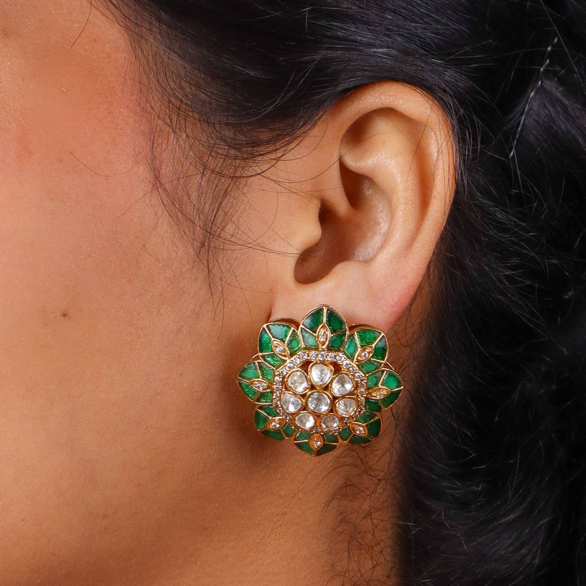 Model wearing Brass Fashion Earrings for a stylish and contemporary fashion jewellery look
