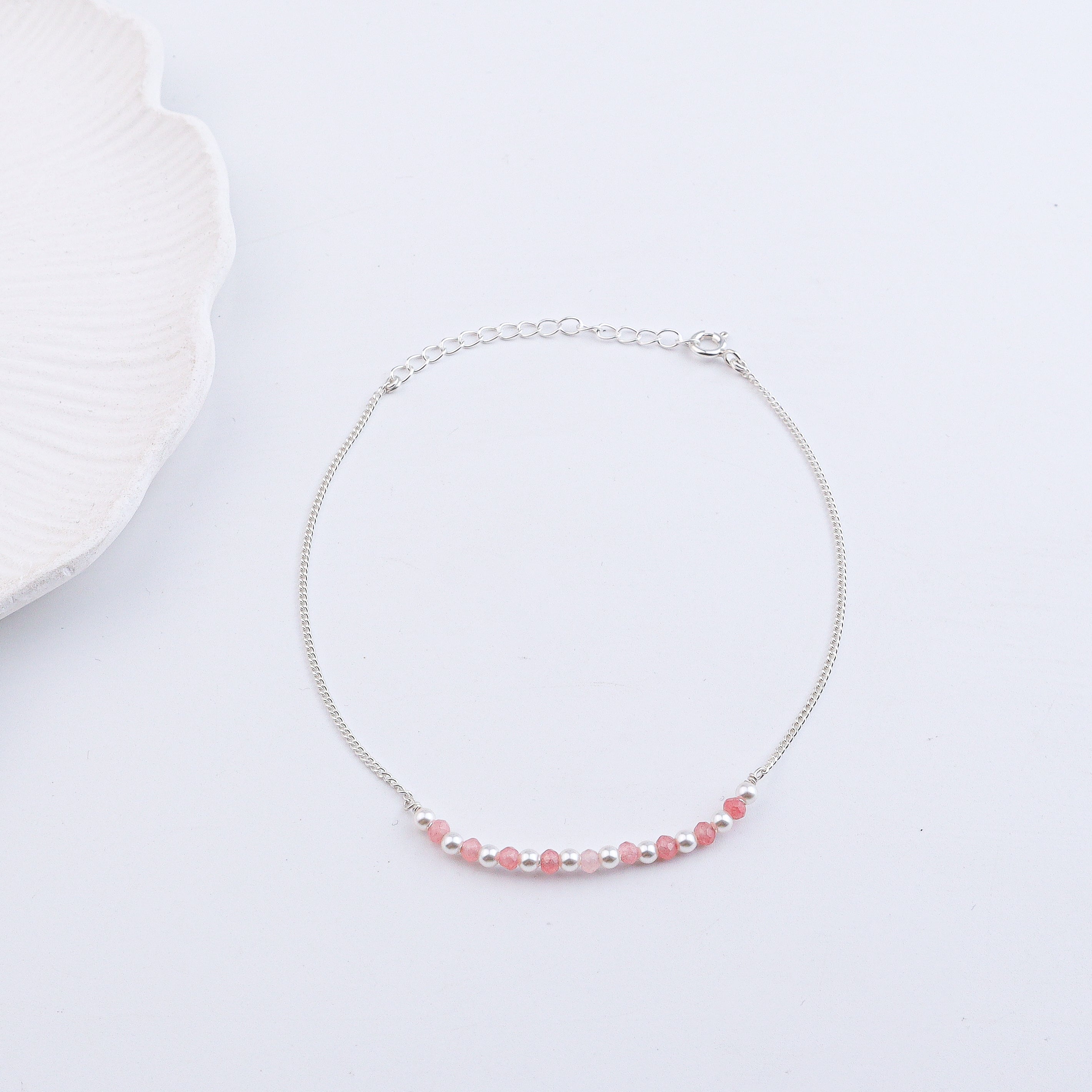 Silver Anklet with Pink Jade and Pearls