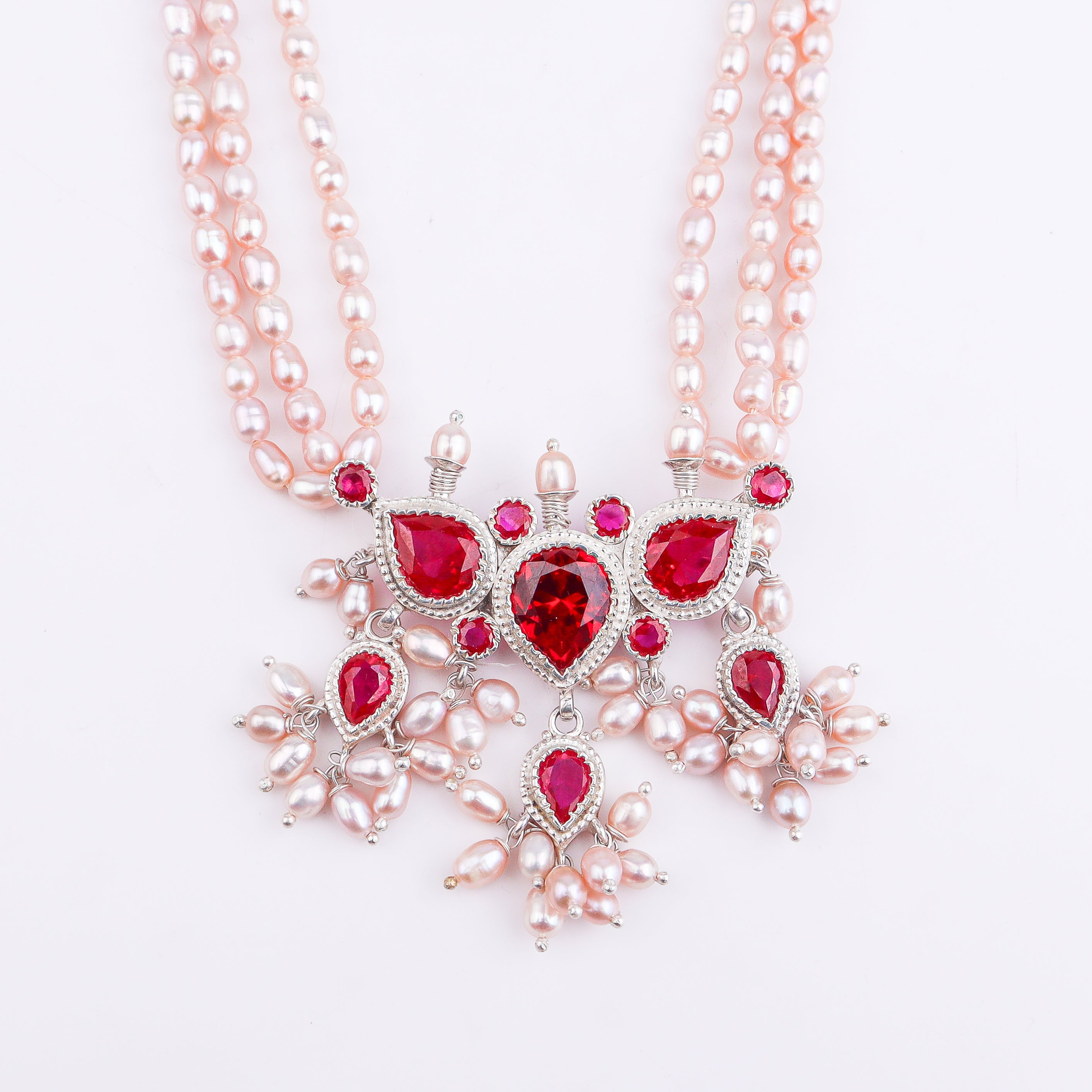 Silver CZ Tanmani Set with Freshwater Rice Pearls