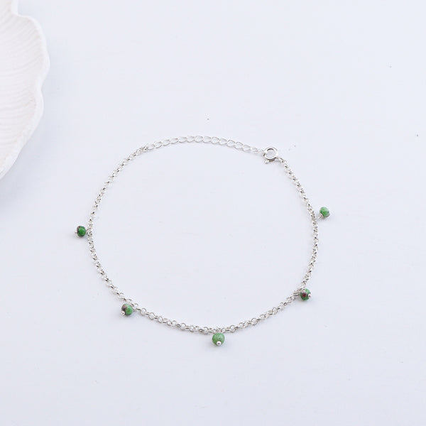 Silver anklet with green jade beads