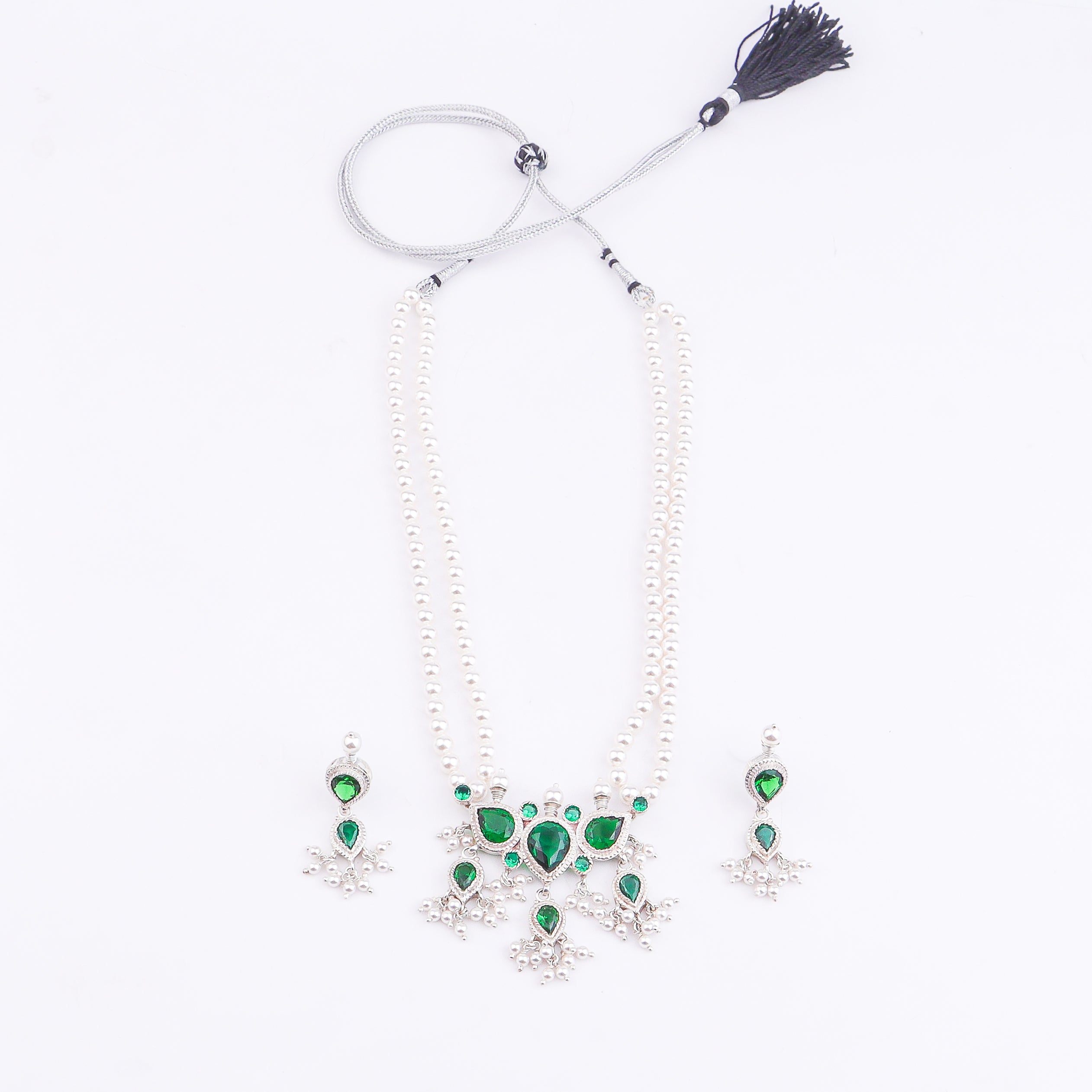 Silver Green CZ Tanmani Set with Pearls