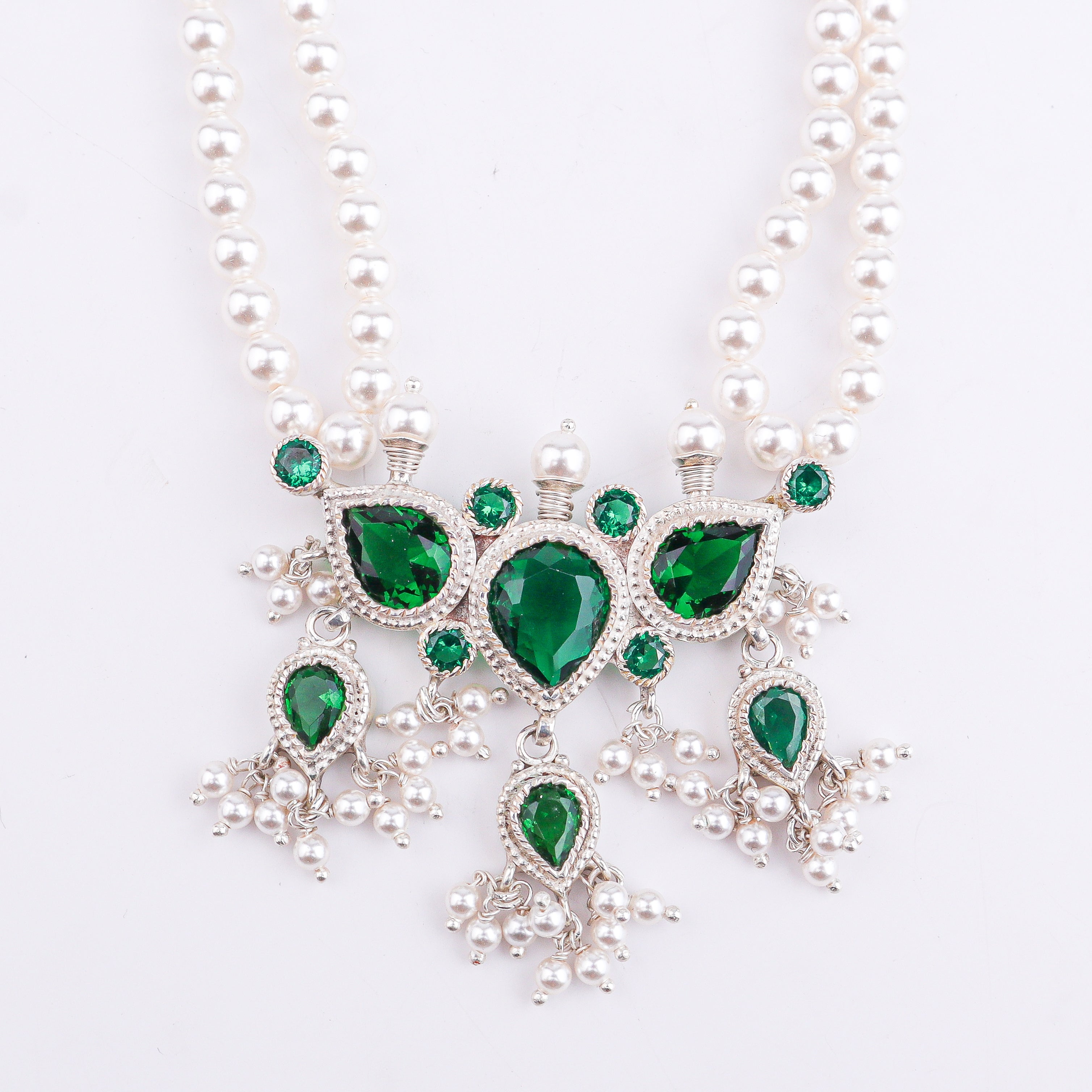 Silver Green CZ Tanmani Set with Pearls