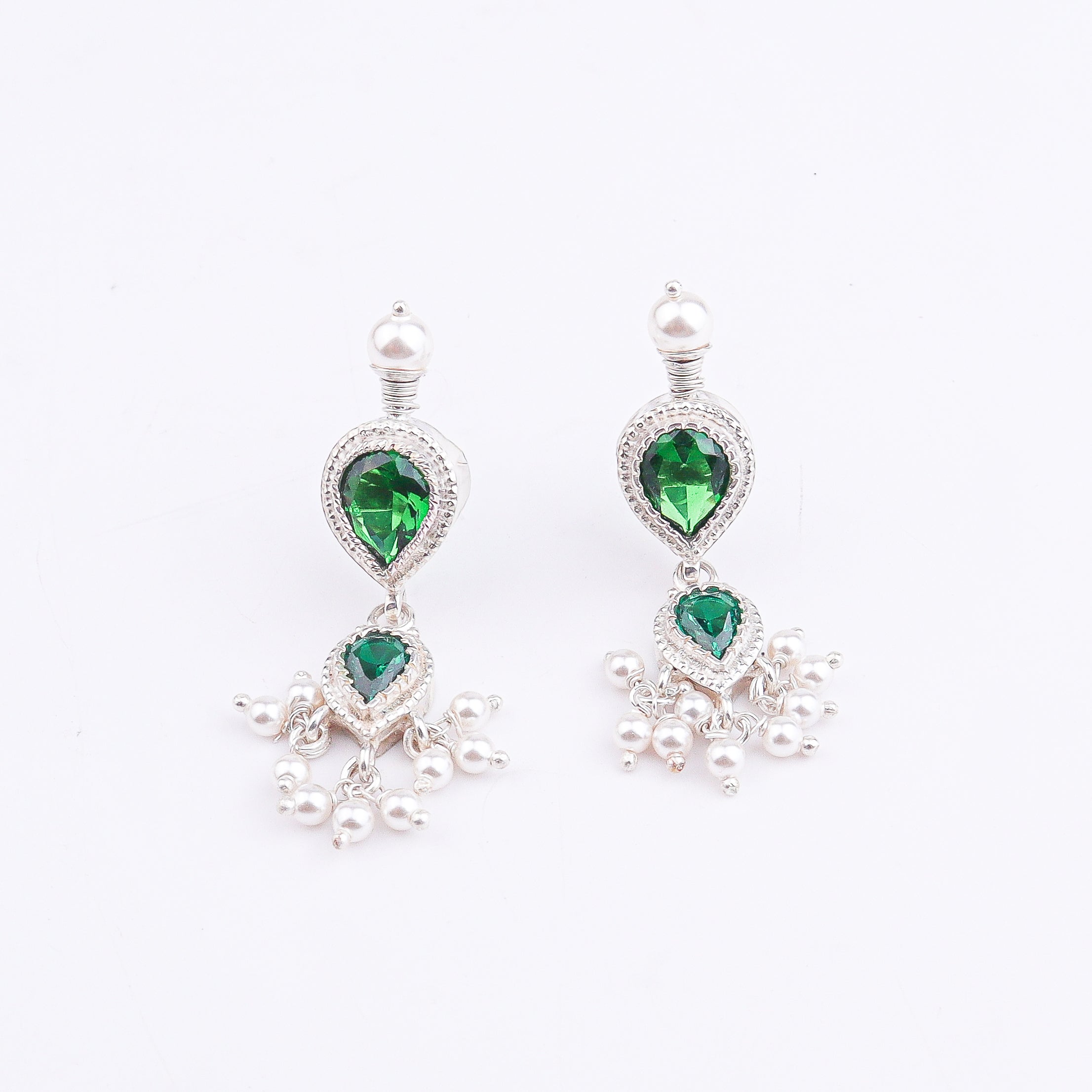Silver Green CZ Tanmani Set with Pearls