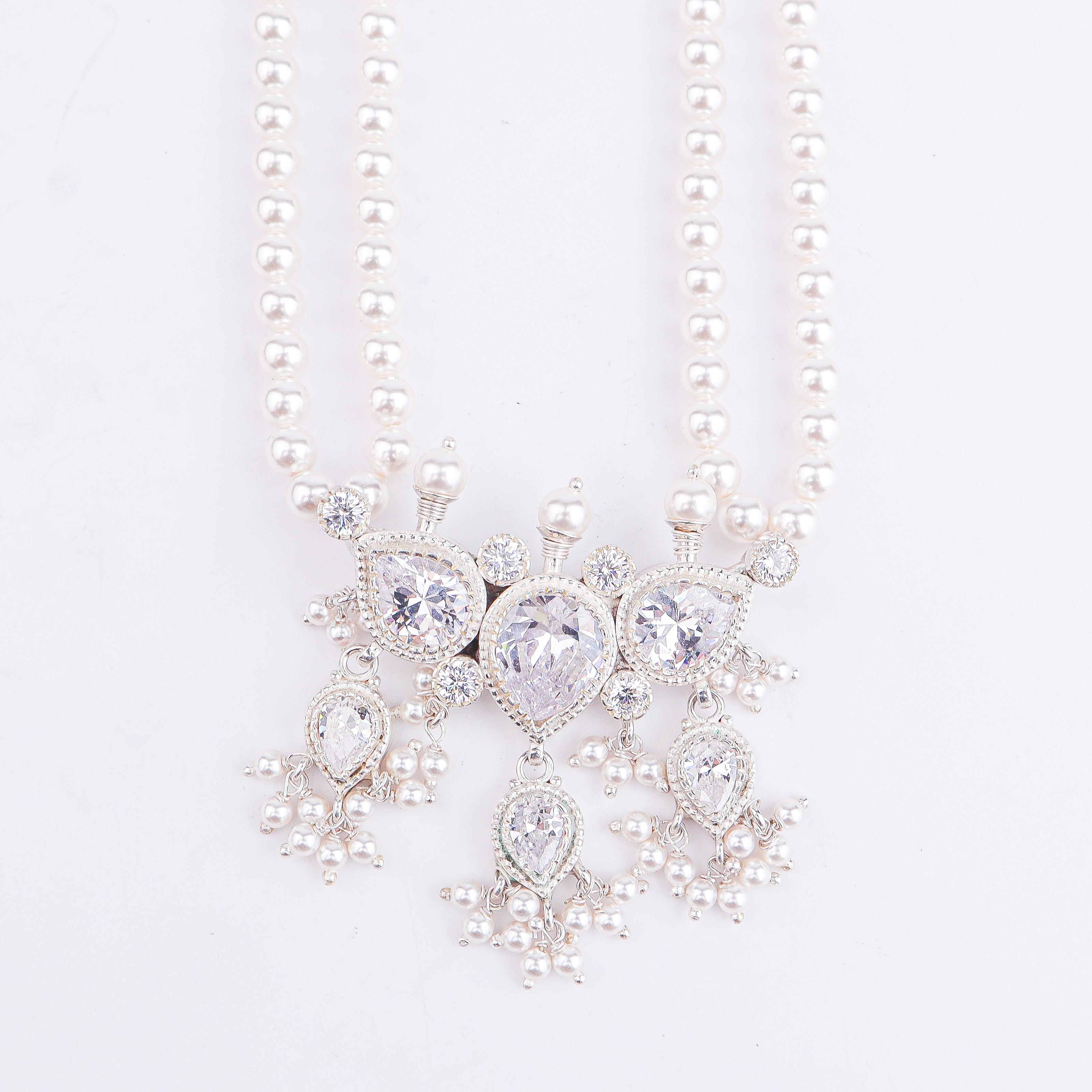 Silver White CZ Tanmani Set with Pearls