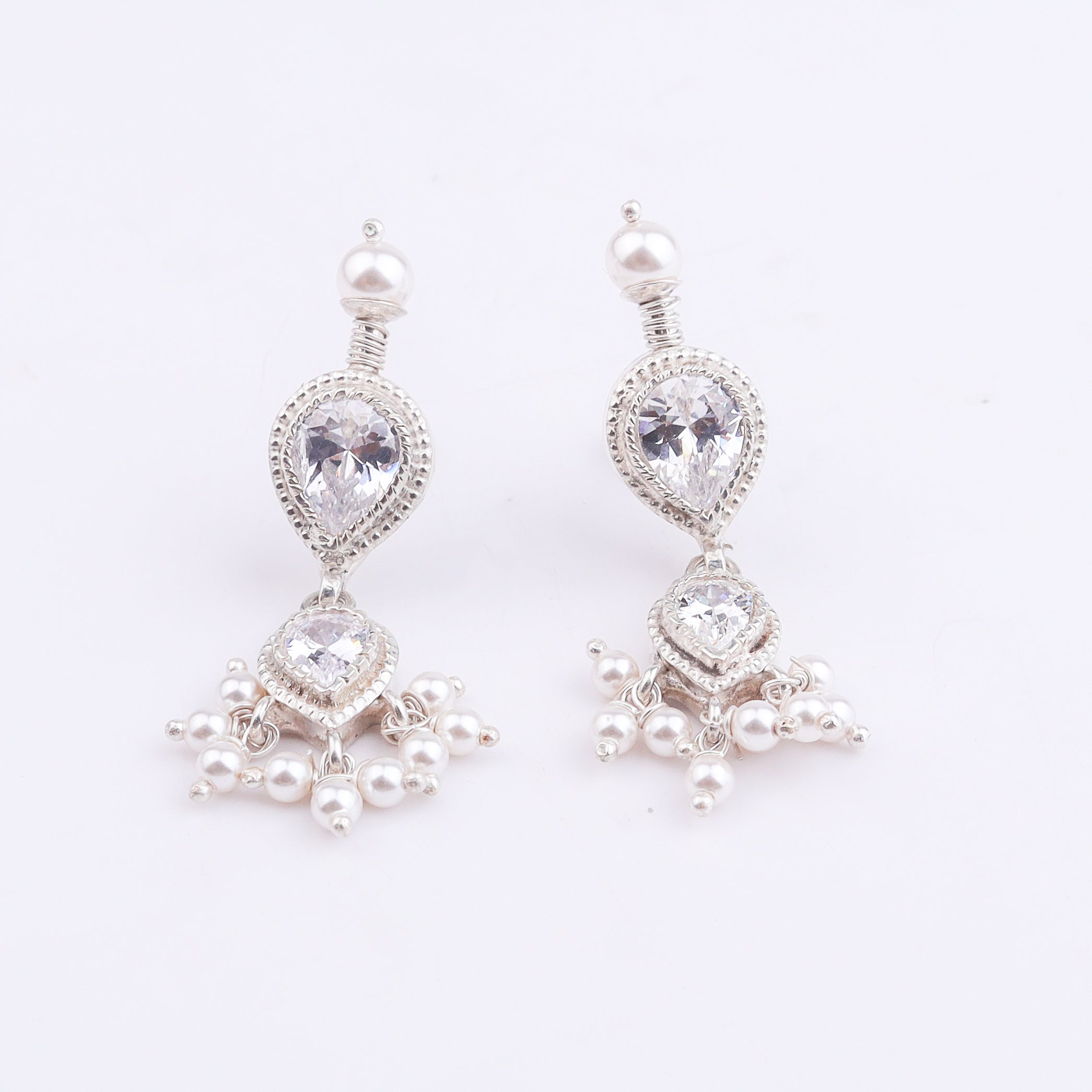 Silver White CZ Tanmani Set with Pearls