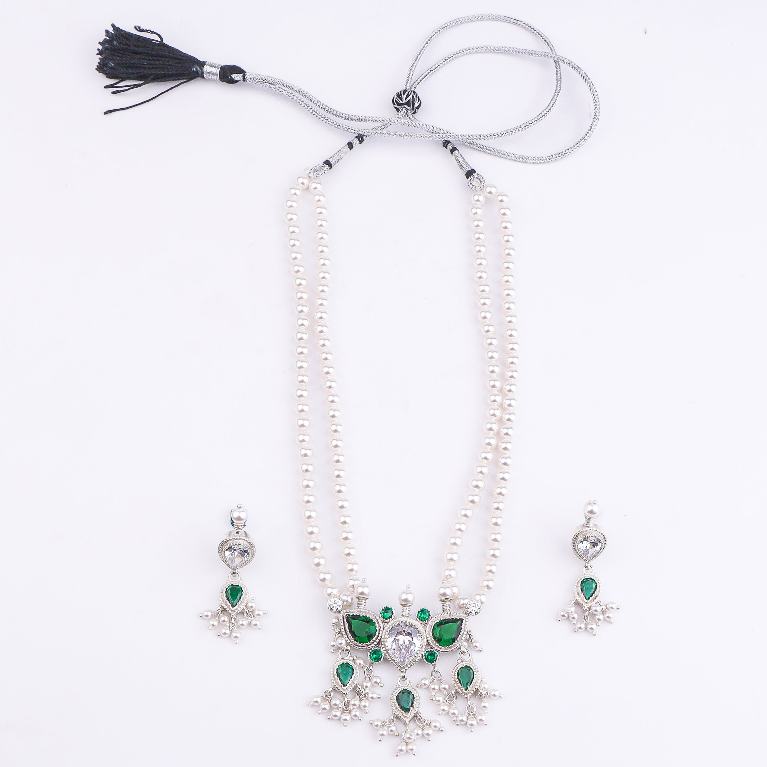 Silver Green & White CZ Tanmani Set with Pearls