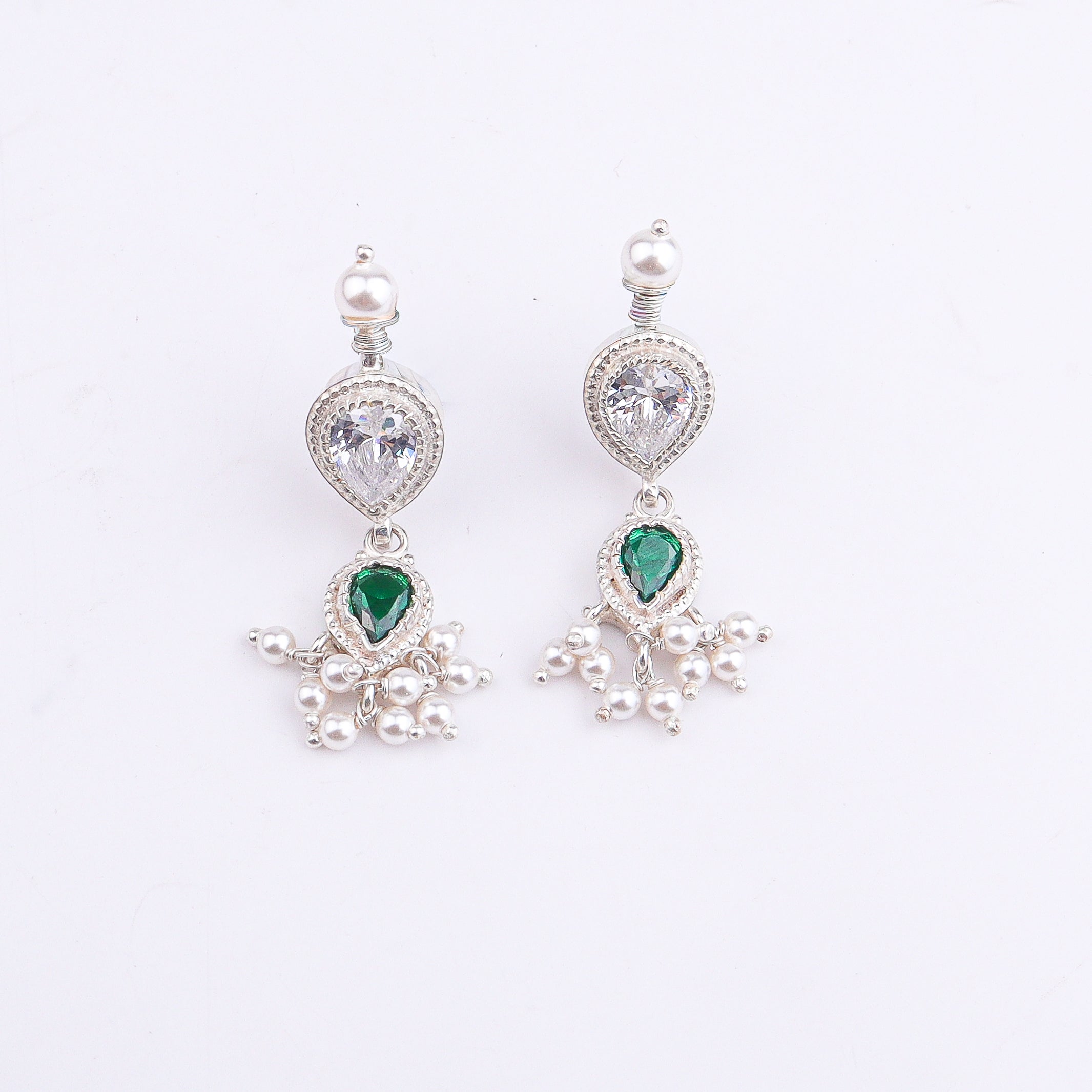 Silver Green & White CZ Tanmani Set with Pearls