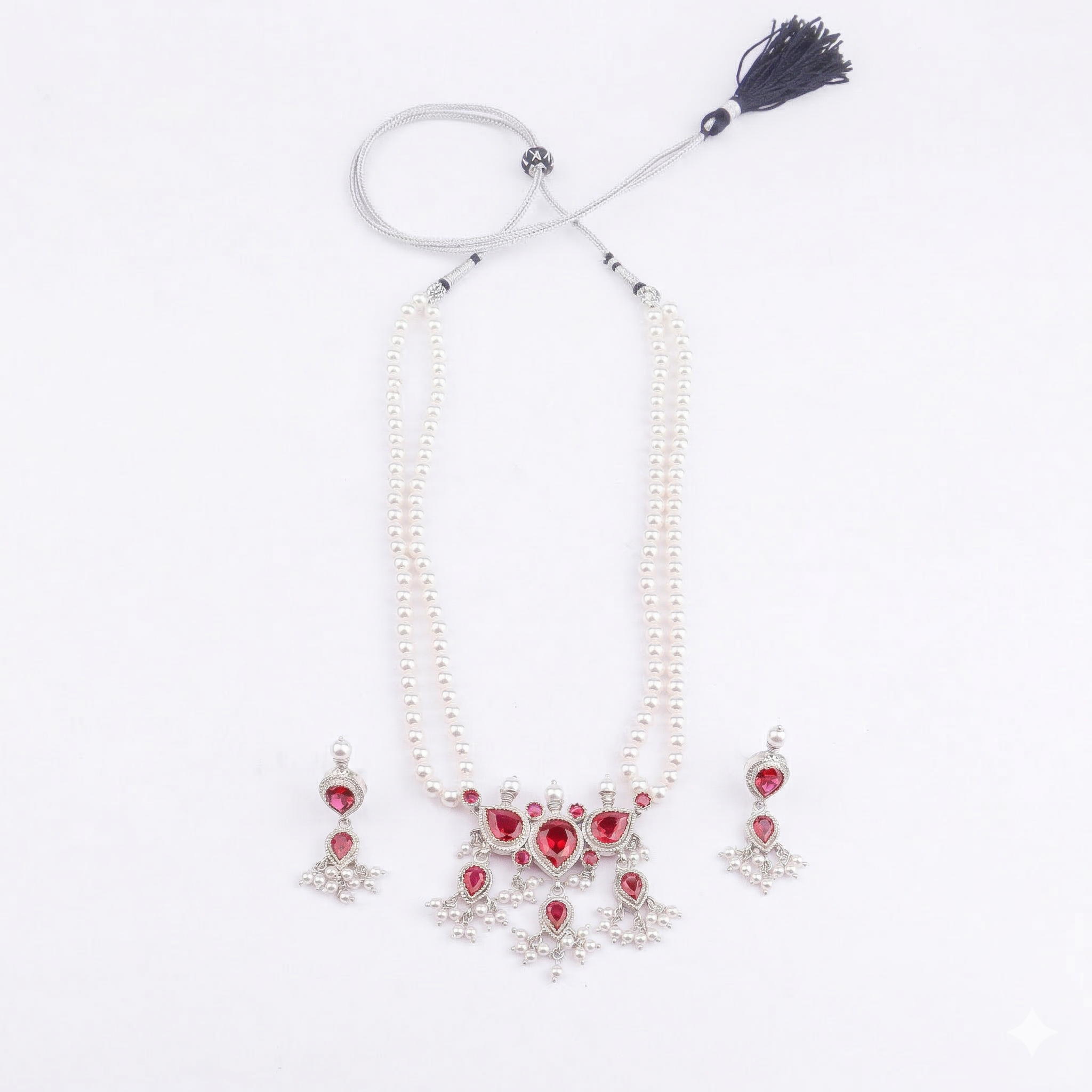 Silver Pink CZ Tanmani Set with Pearls