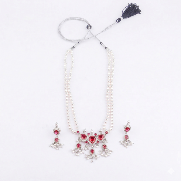 Silver Pink CZ Tanmani Set with Pearls