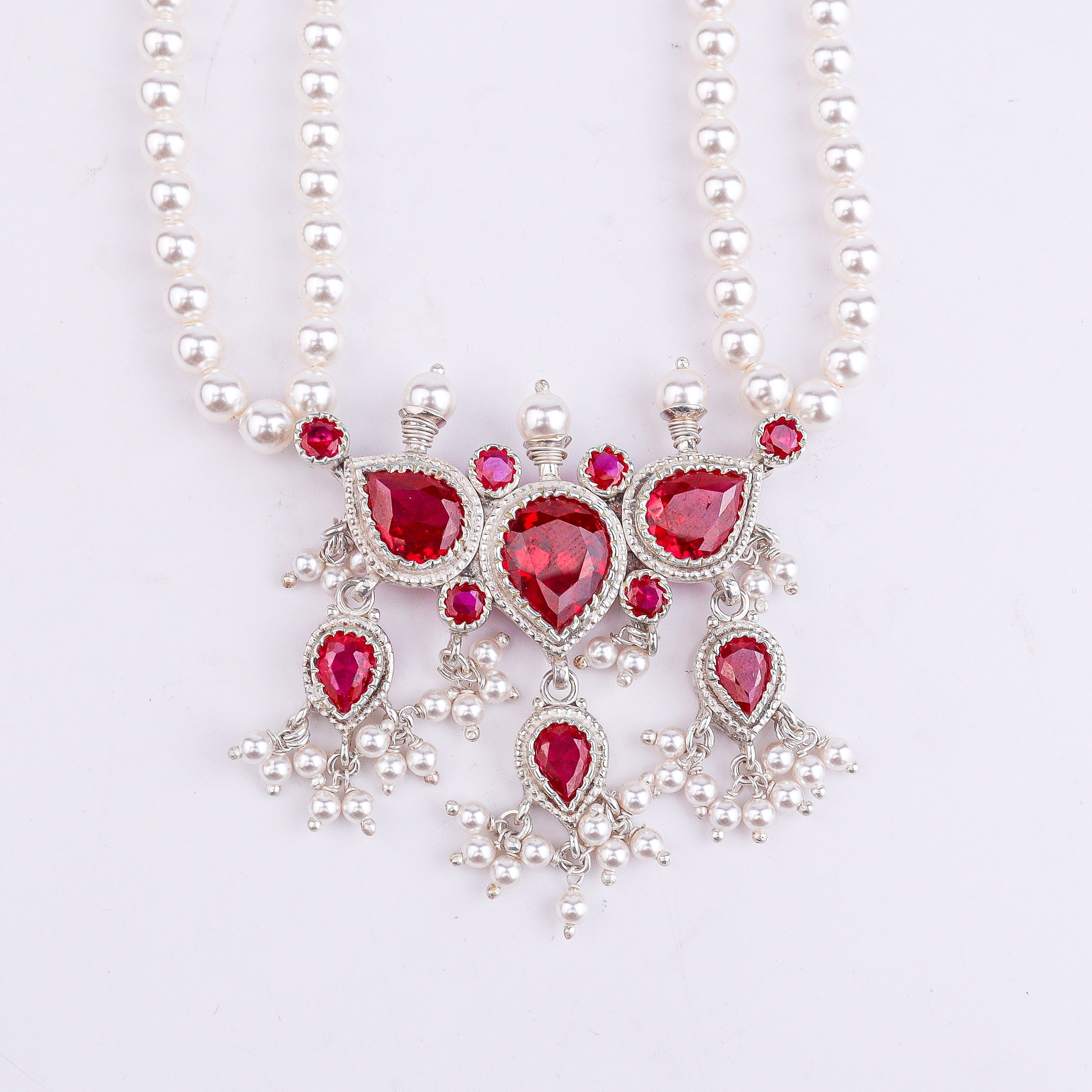 Silver Pink CZ Tanmani Set with Pearls