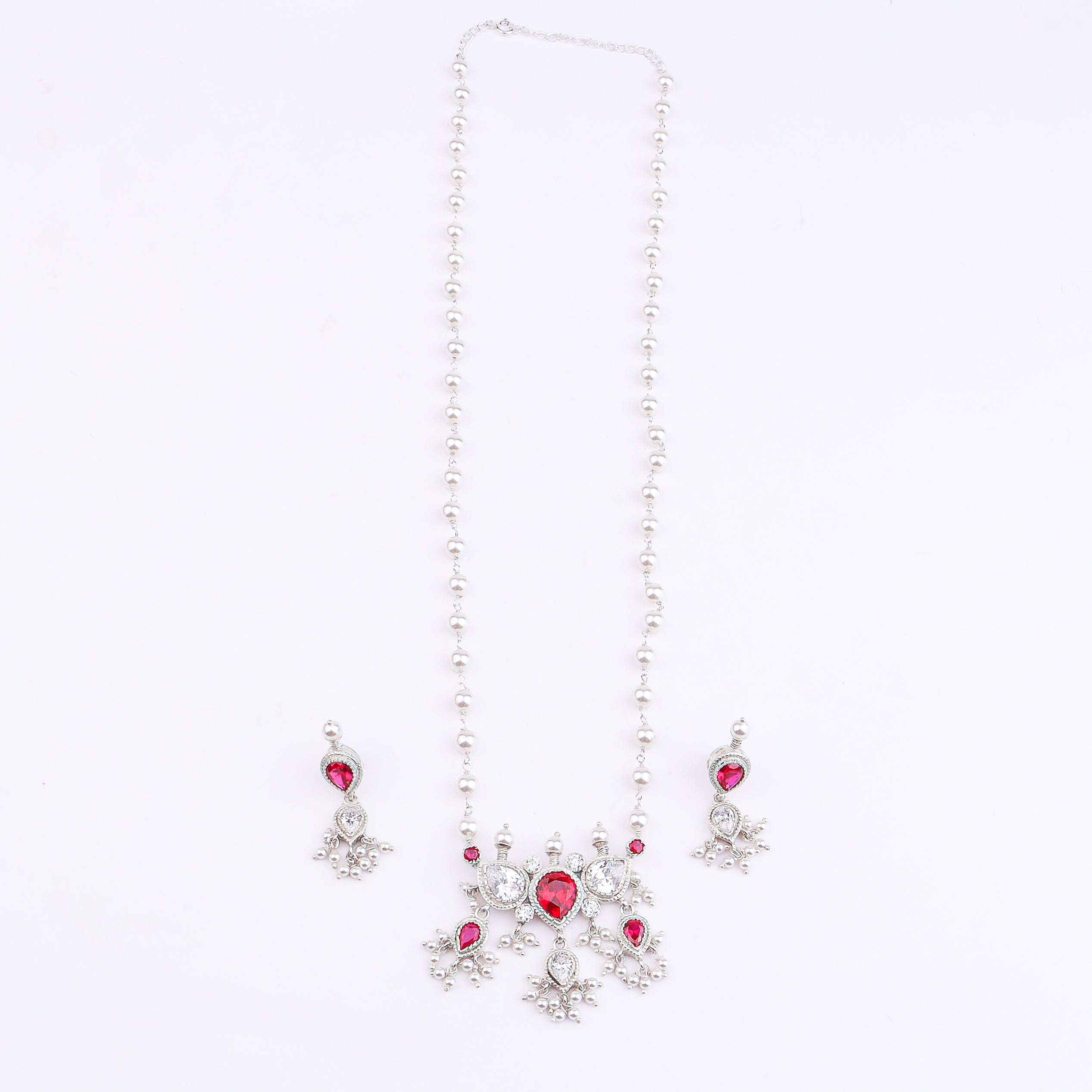 Silver Pink & White CZ Tanmani Set with Pearl Ganthan