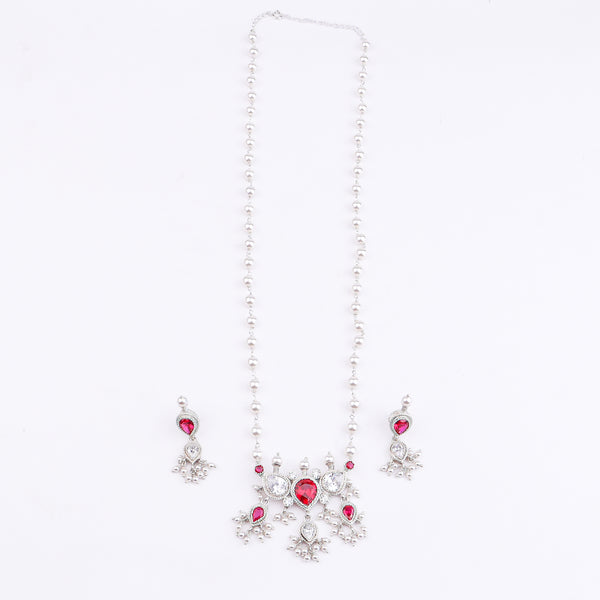 Silver Pink & White CZ Tanmani Set with Pearl Ganthan