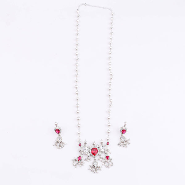 Angled view of Silver Pink & White CZ Tanmani Set with Pearl Ganthan featuring a detailed 92.5 sterling silver design