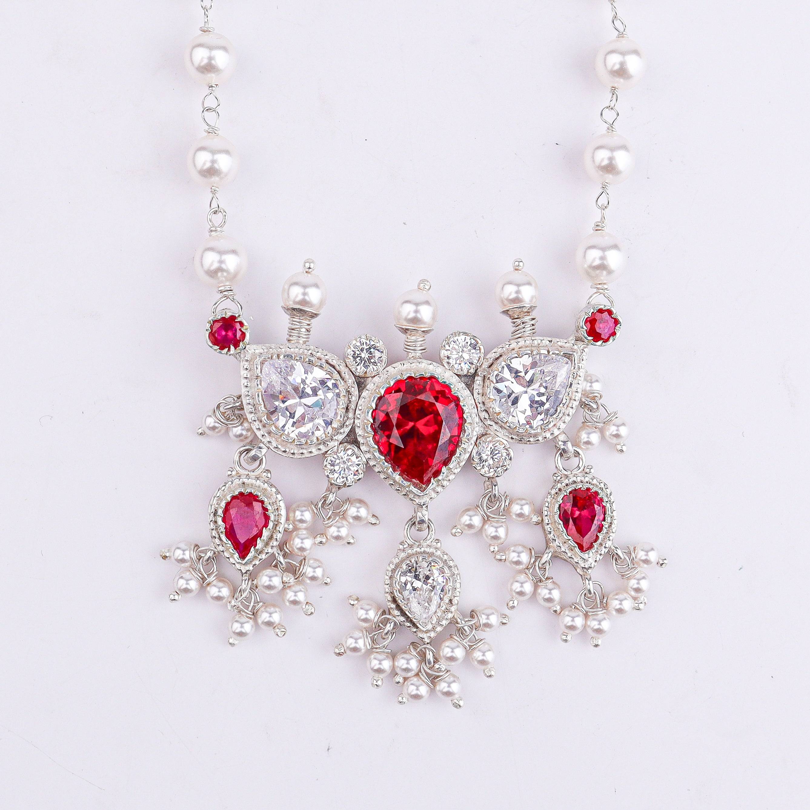 Close-up of Silver Pink & White CZ Tanmani Set showcasing pink and white CZ stones with intricate silver craftsmanship and pearl Ganthan