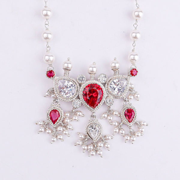 Close-up of Silver Pink & White CZ Tanmani Set showcasing pink and white CZ stones with intricate silver craftsmanship and pearl Ganthan