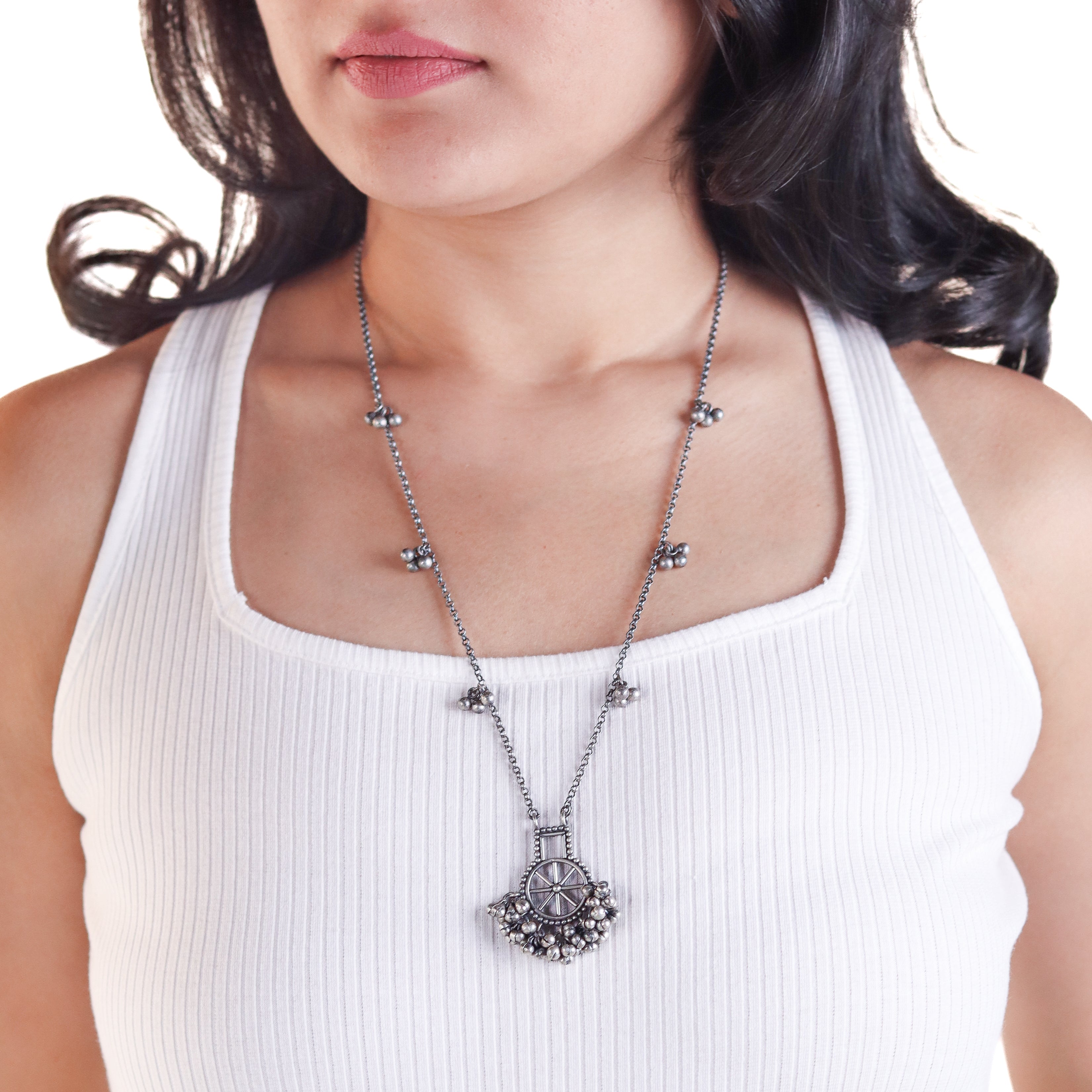 Silver Chakra Filigree Ghungroo Necklace