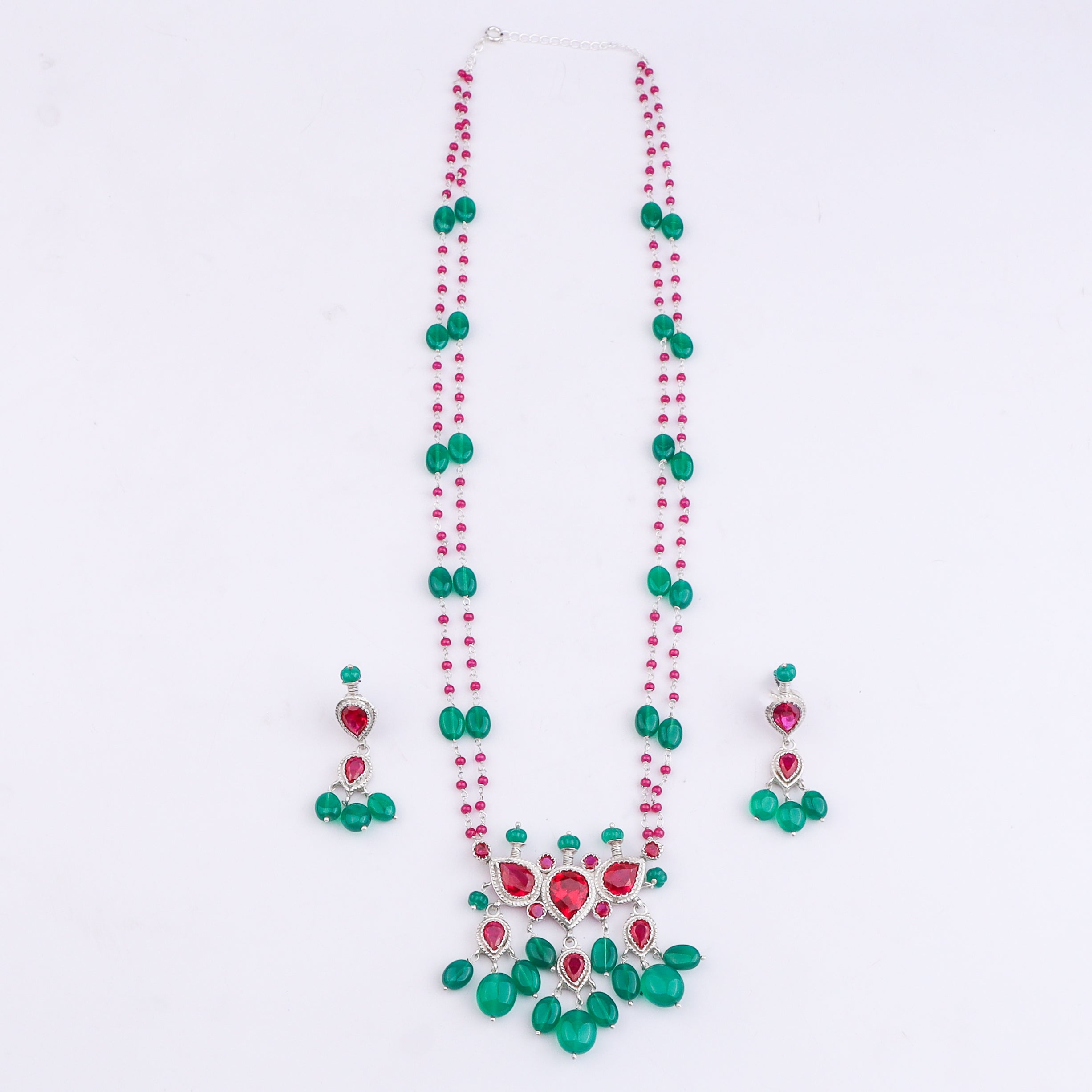 Silver Pink CZ Tanmani Set with Green Onyx & Rubies