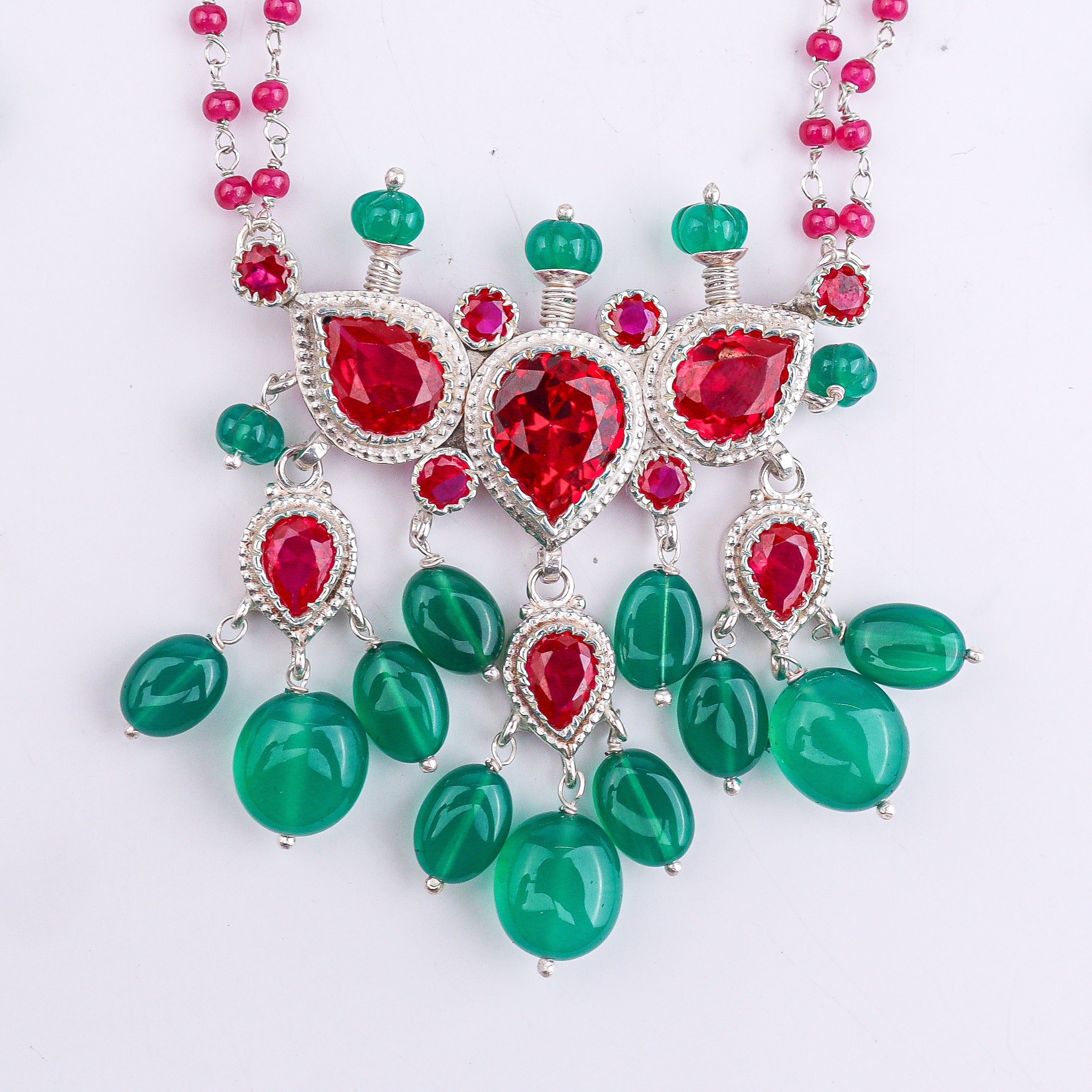 Silver Pink CZ Tanmani Set with Green Onyx & Rubies