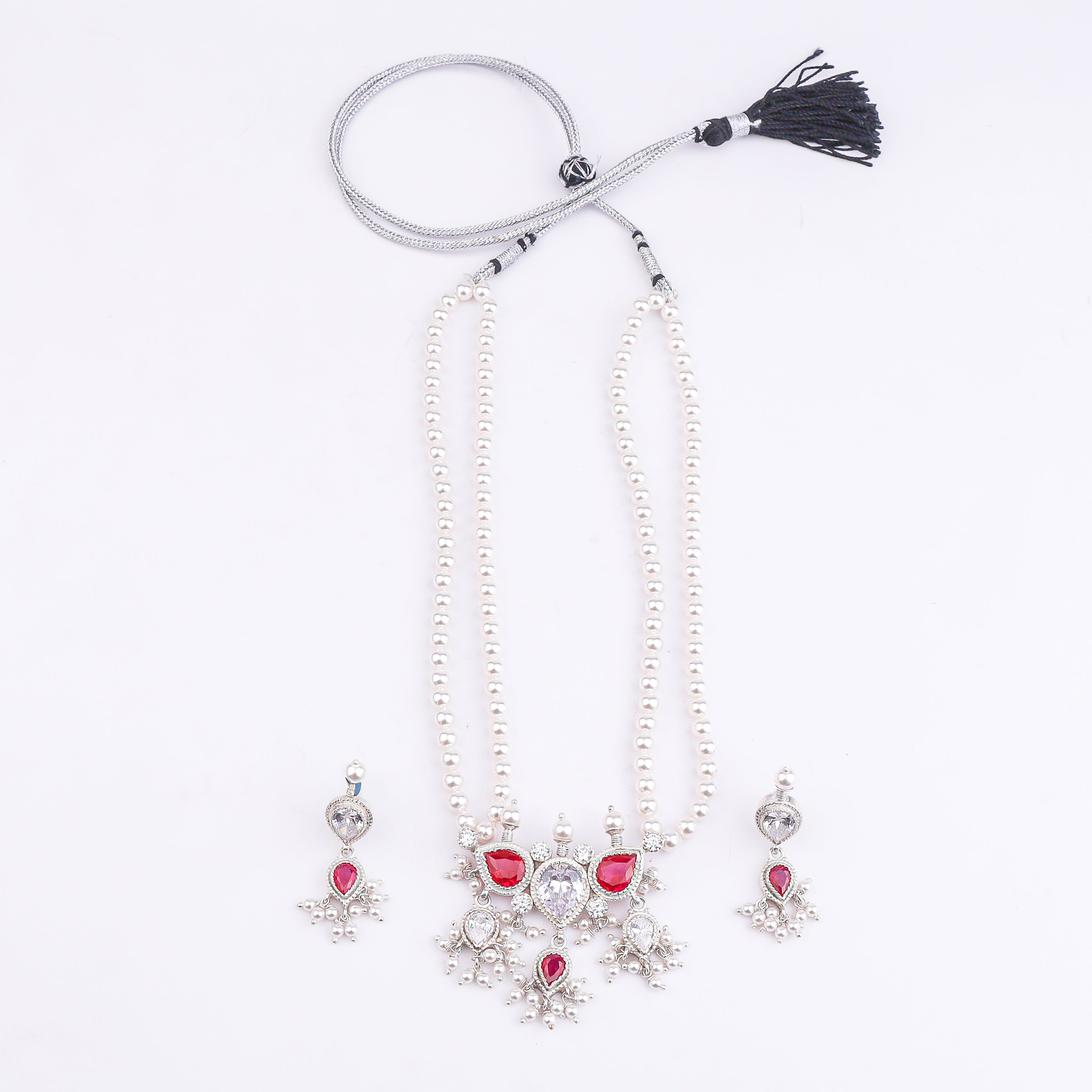 Silver Pink & White CZ Tanmani Set with Pearls