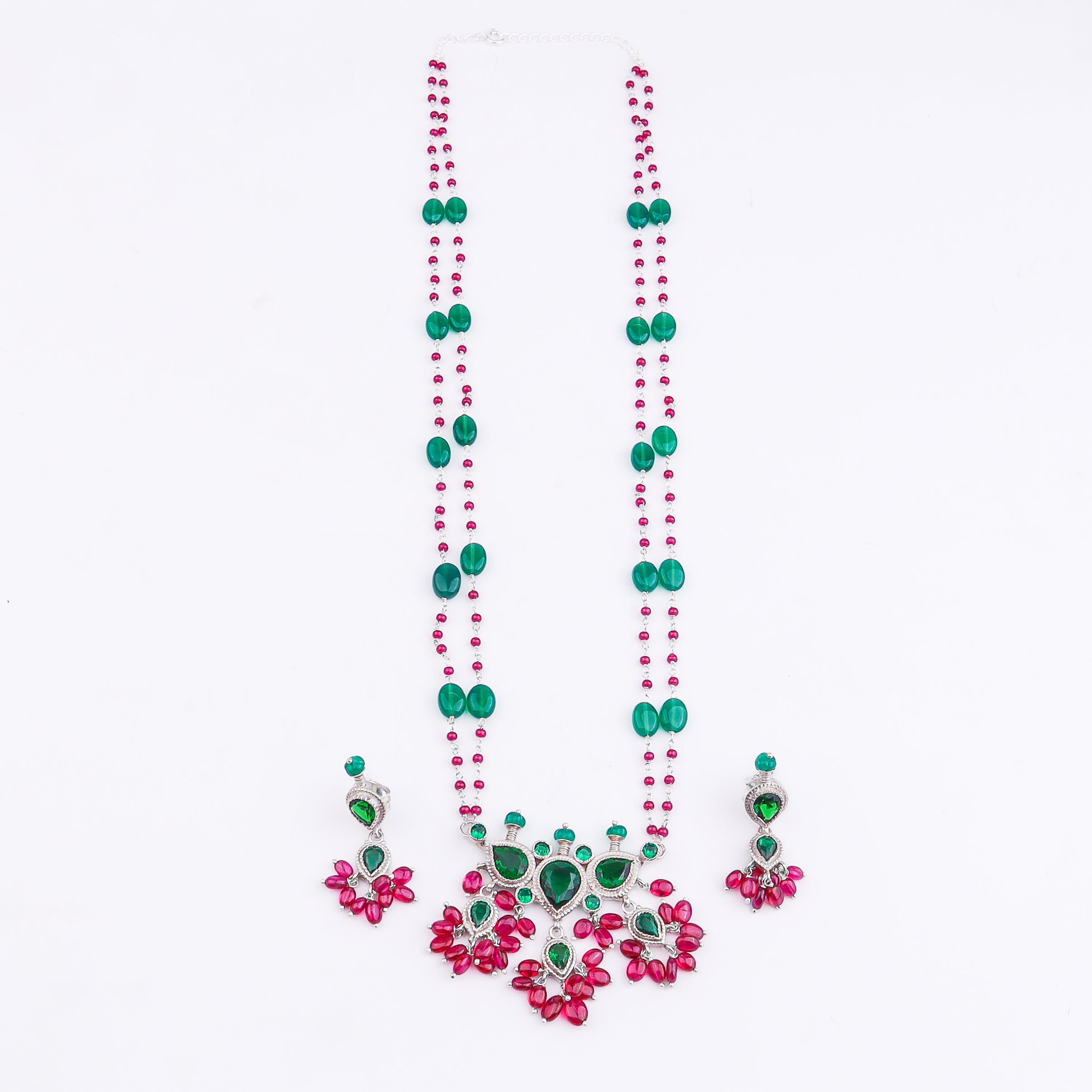 Silver Green CZ Tanmani Set with Green Onyx & Rubies